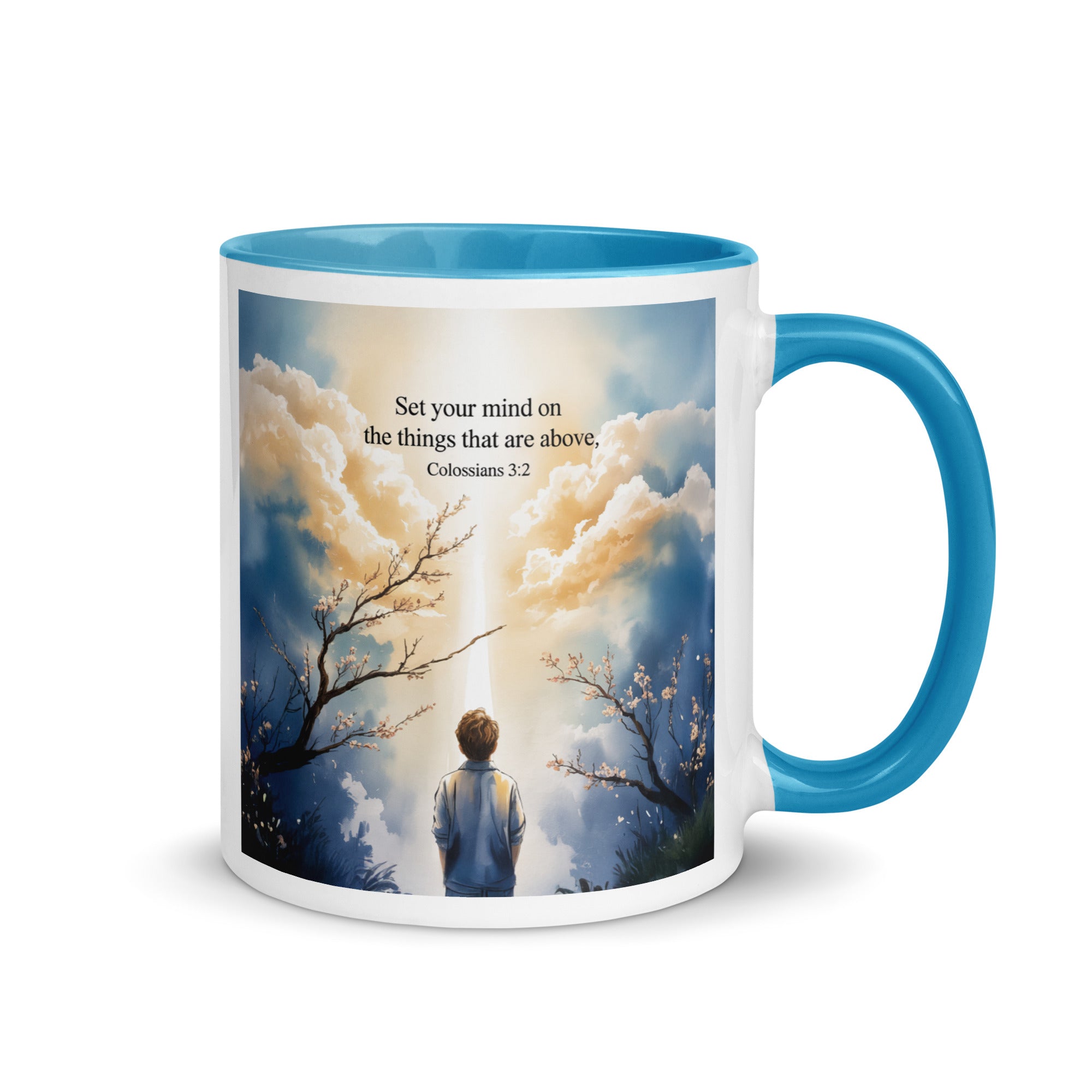 Colossians 3:2 Bible Verse the things White Ceramic Mug with Color Inside Blue 11 oz