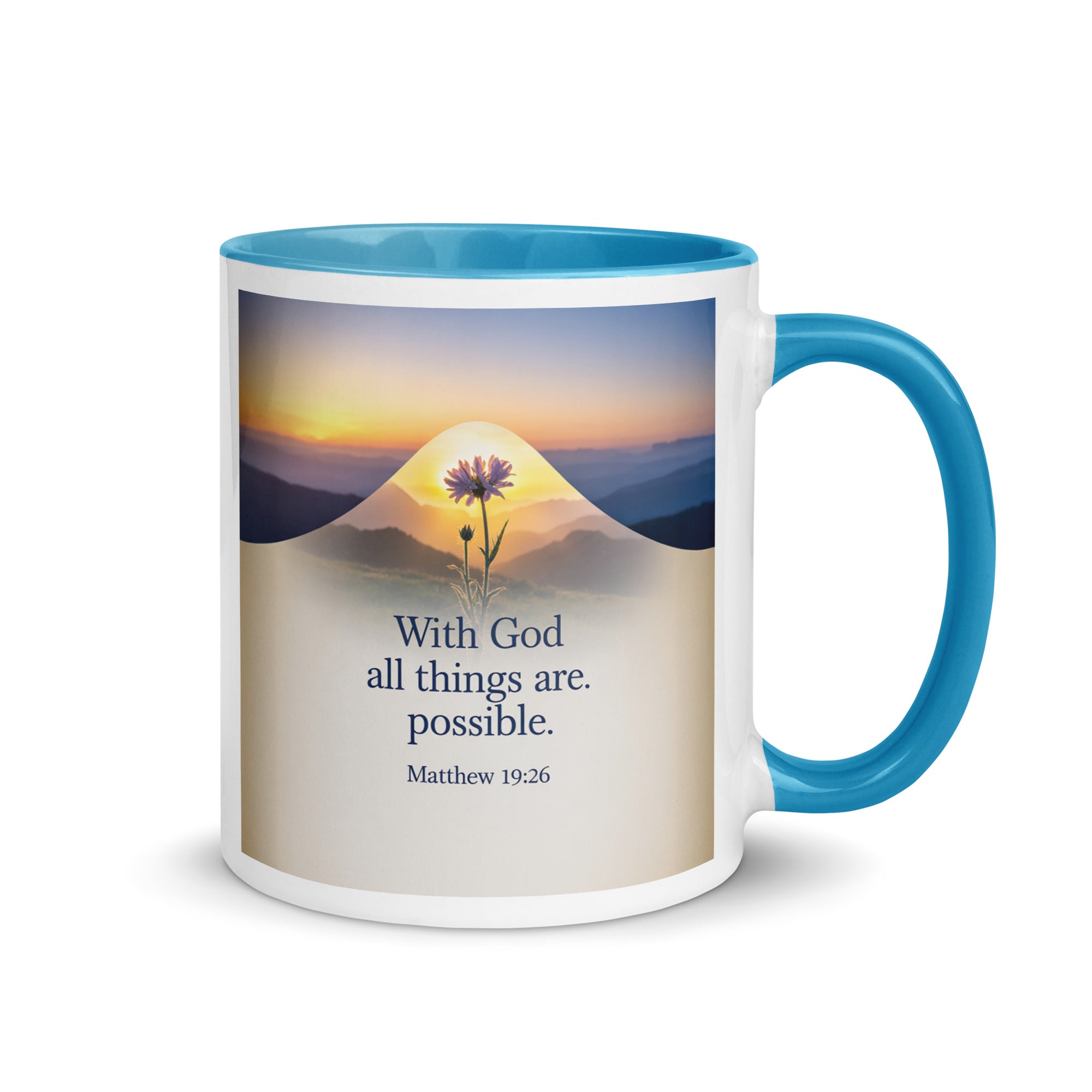 Matthew 19:26 Bible Verse at them White Ceramic Mug with Color Inside Blue 11 oz