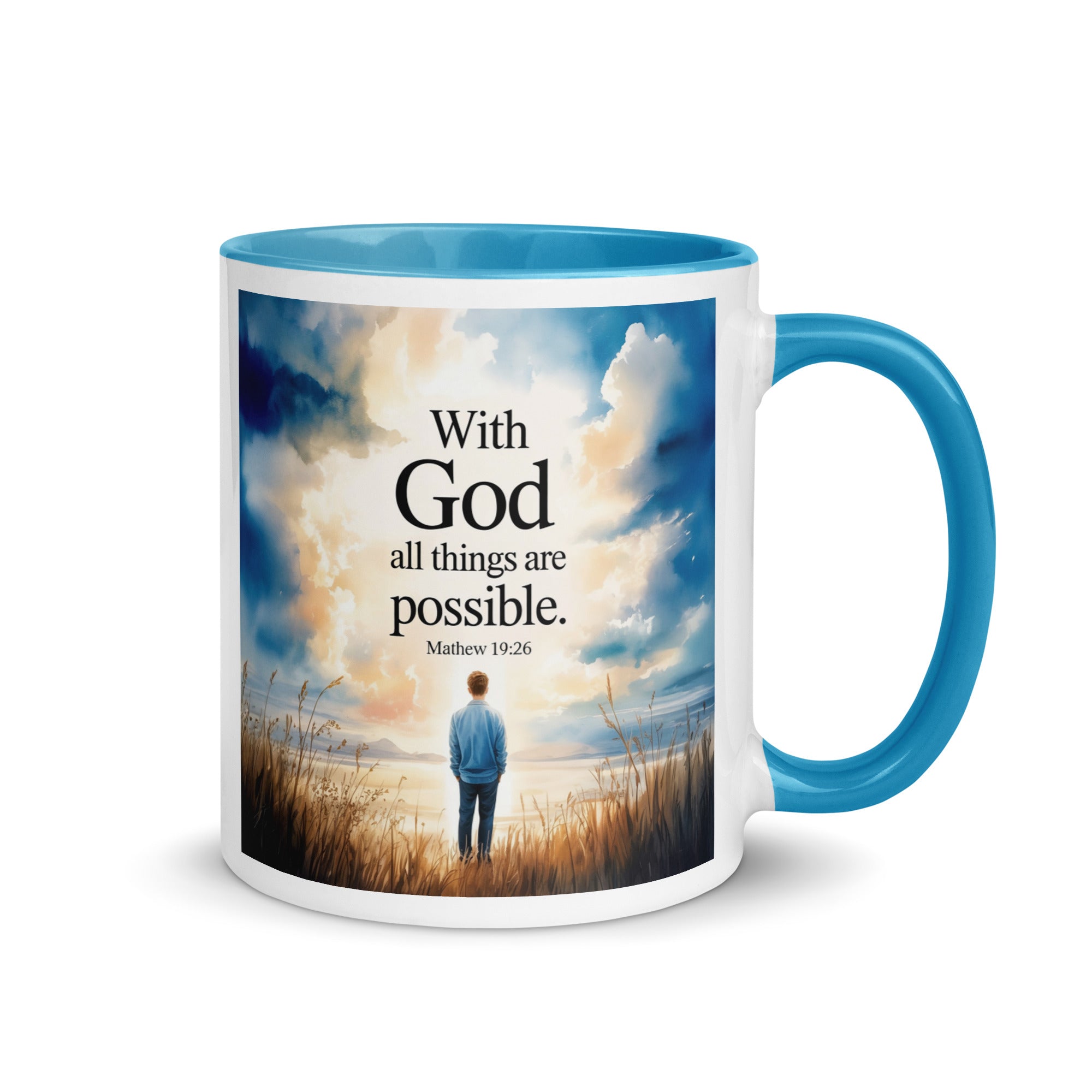 Matthew 19:26 Bible Verse Jesus White Ceramic Mug with Color Inside Blue 11 oz