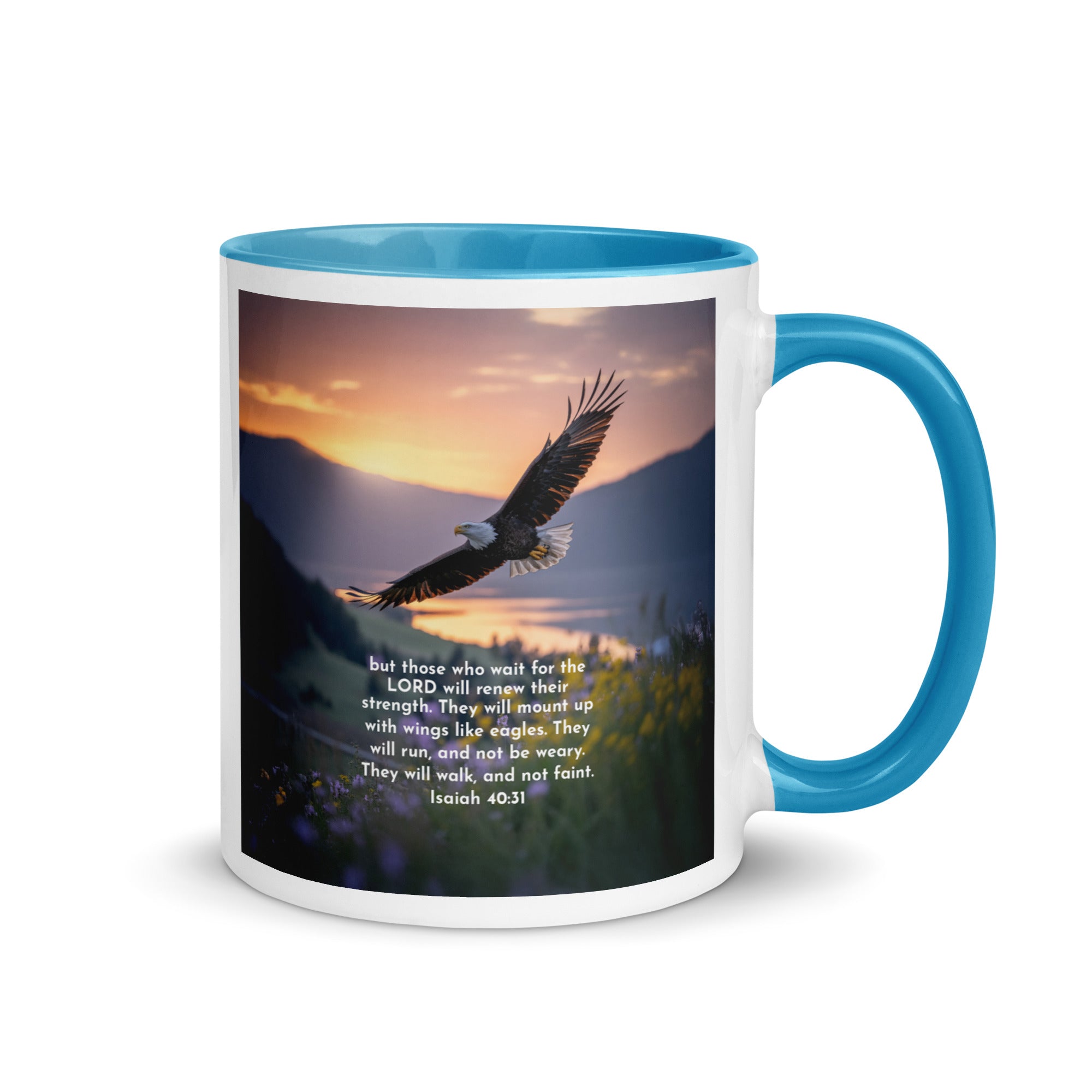 Isaiah 40:31 Bible Verse Renew Strength White Ceramic Mug with Color Inside Blue 11 oz