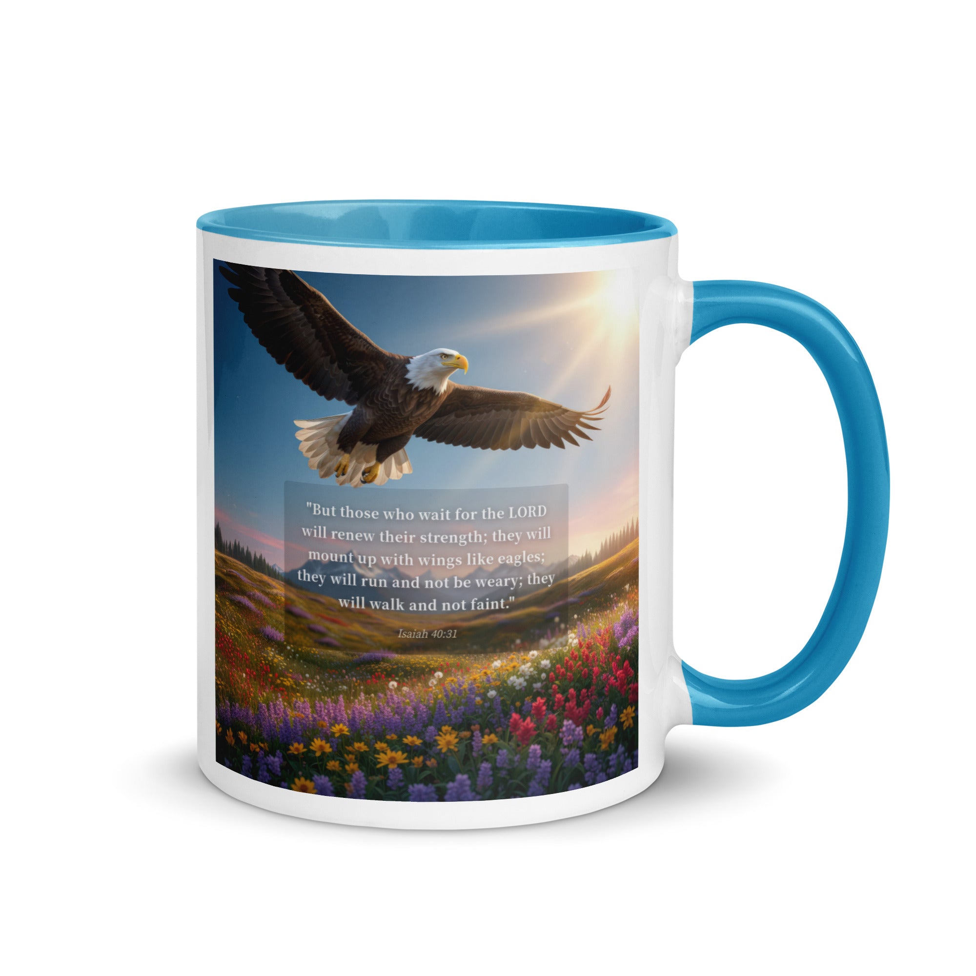 Isaiah 40:31 Bible Verse Who Wait White Ceramic Mug with Color Inside Blue 11 oz