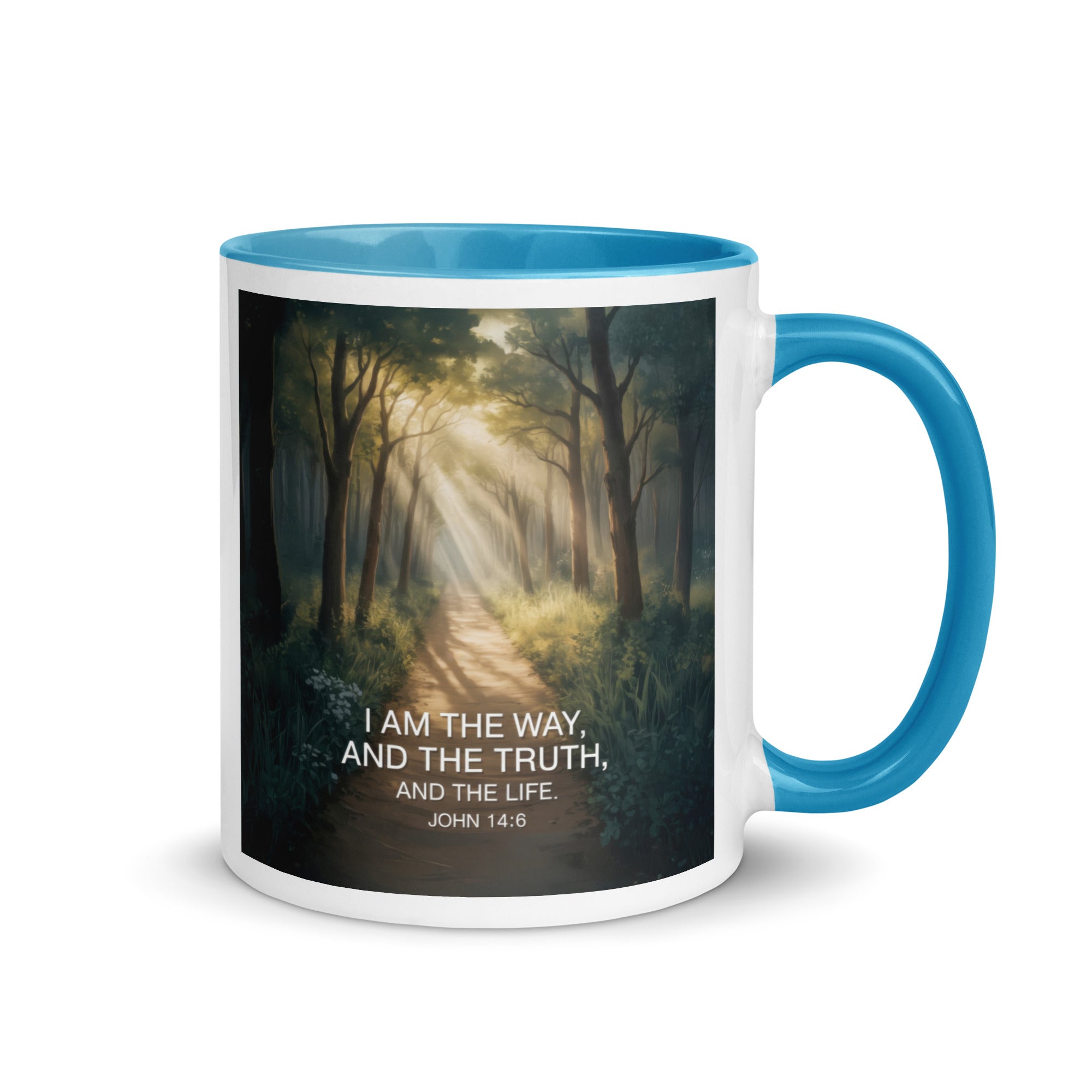 John 14:6 Bible Verse I Am White Ceramic Mug with Color Inside Blue 11 oz