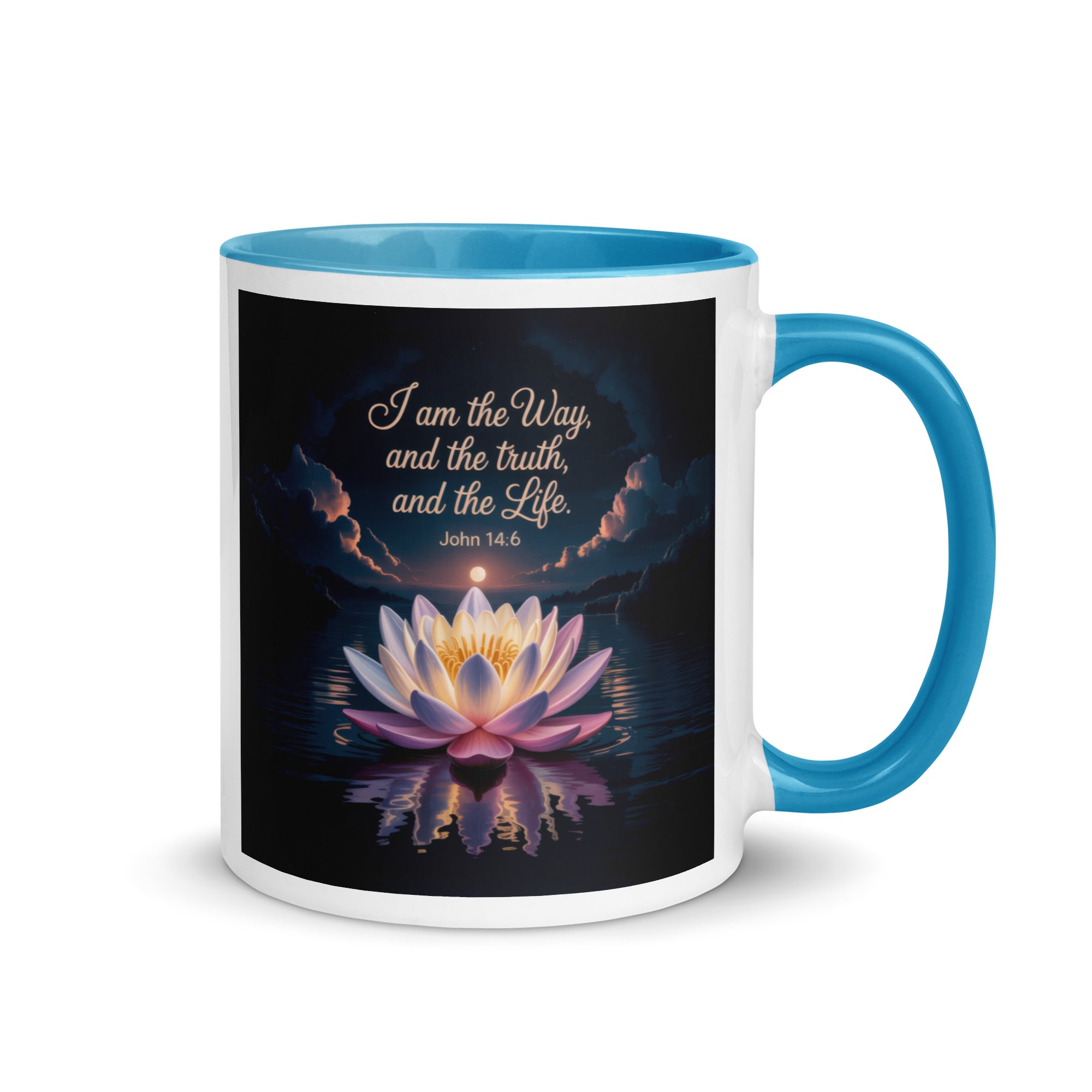 John 14:6 Bible Verse The Way White Ceramic Mug with Color Inside Blue 11 oz