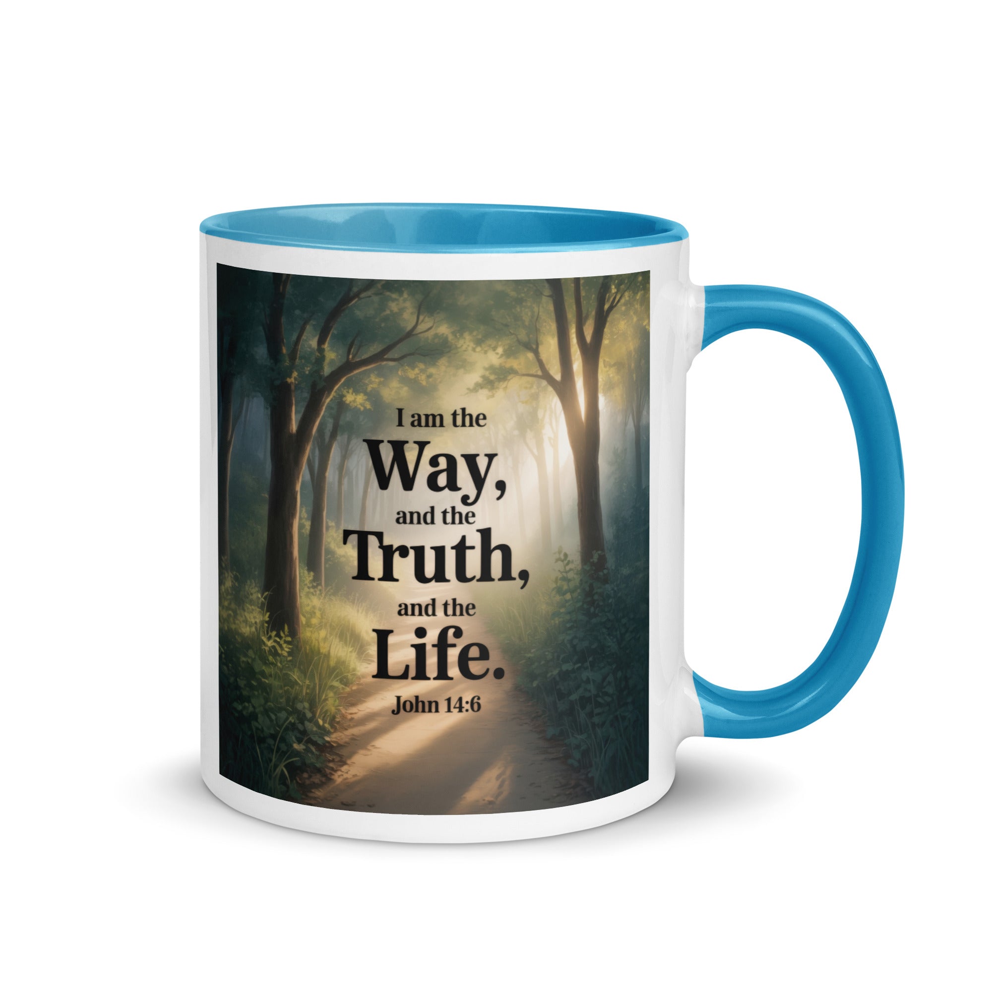 John 14:6 Bible Verse The Life White Ceramic Mug with Color Inside Blue 11 oz