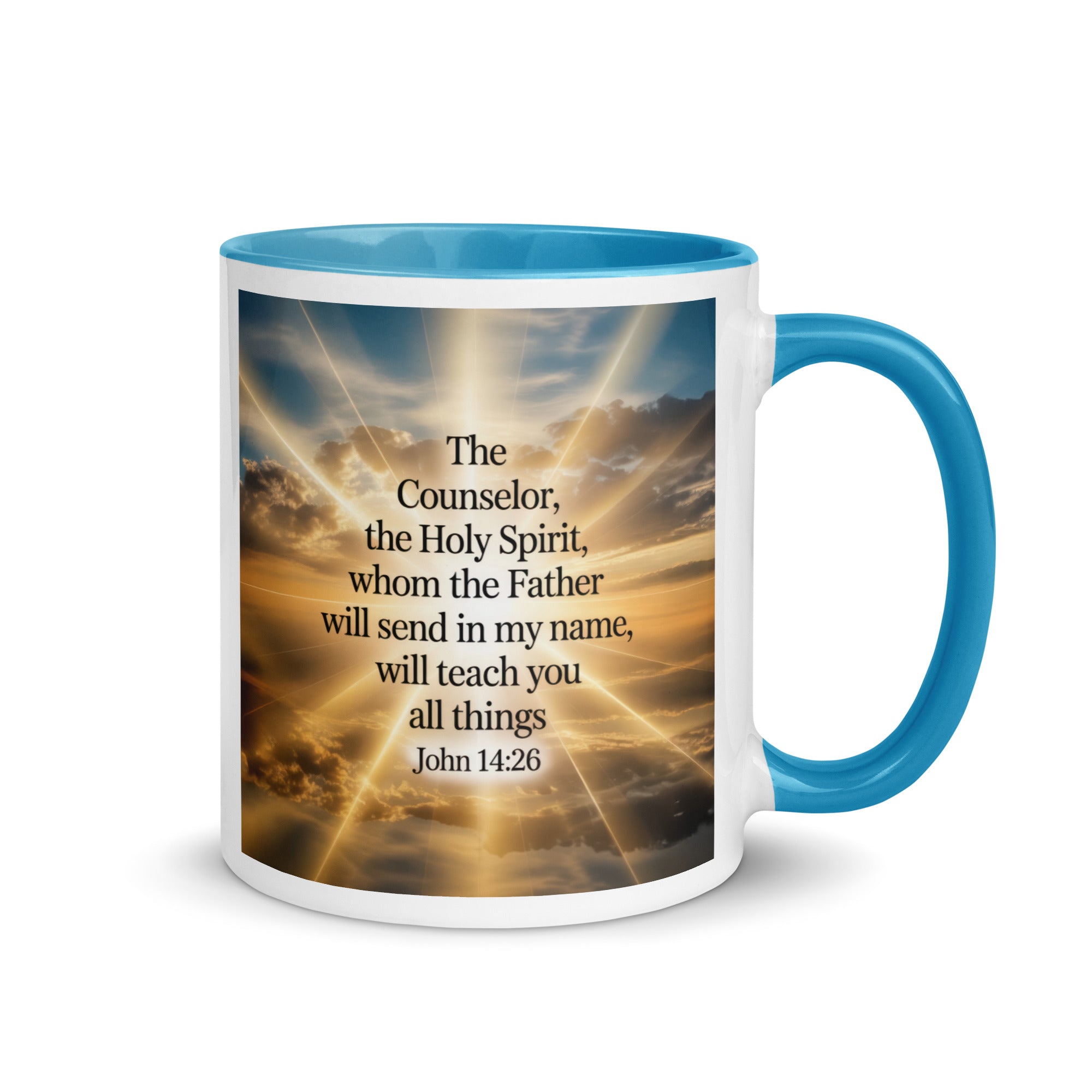 John 14:26 Bible Verse will send White Ceramic Mug with Color Inside Blue 11 oz