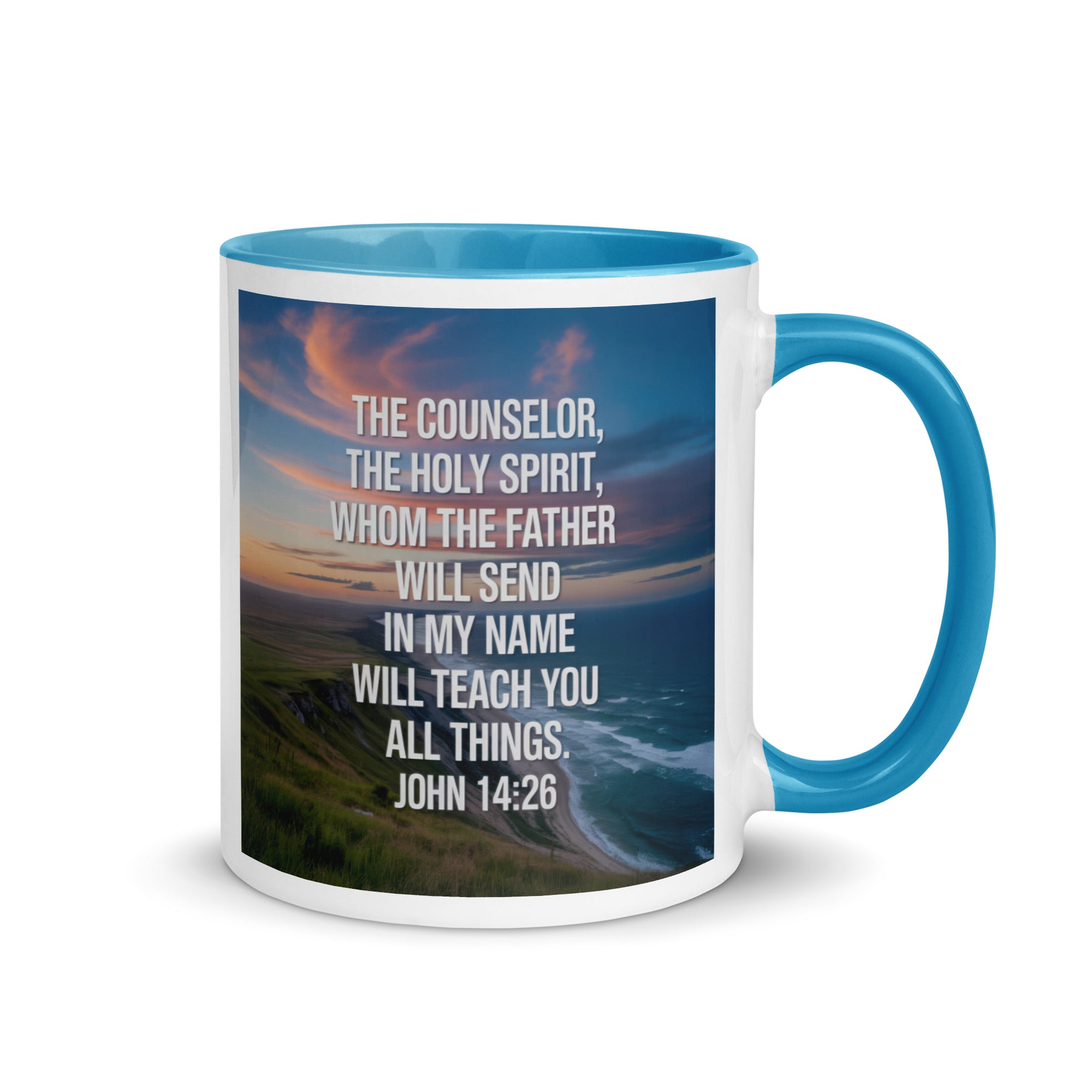 John 14:26 Bible Verse will teach White Ceramic Mug with Color Inside Blue 11 oz