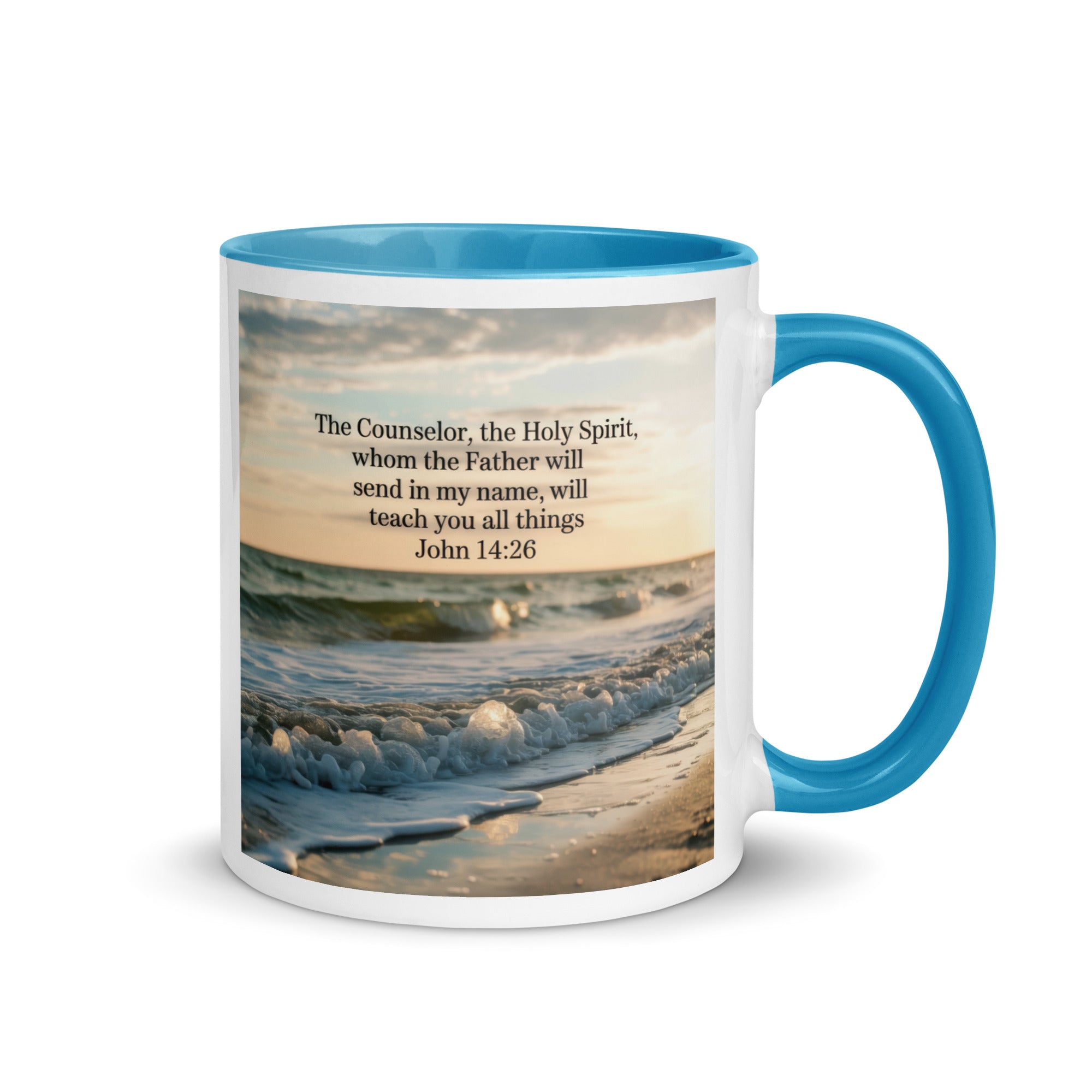 John 14:26 Bible Verse You All White Ceramic Mug with Color Inside Blue 11 oz