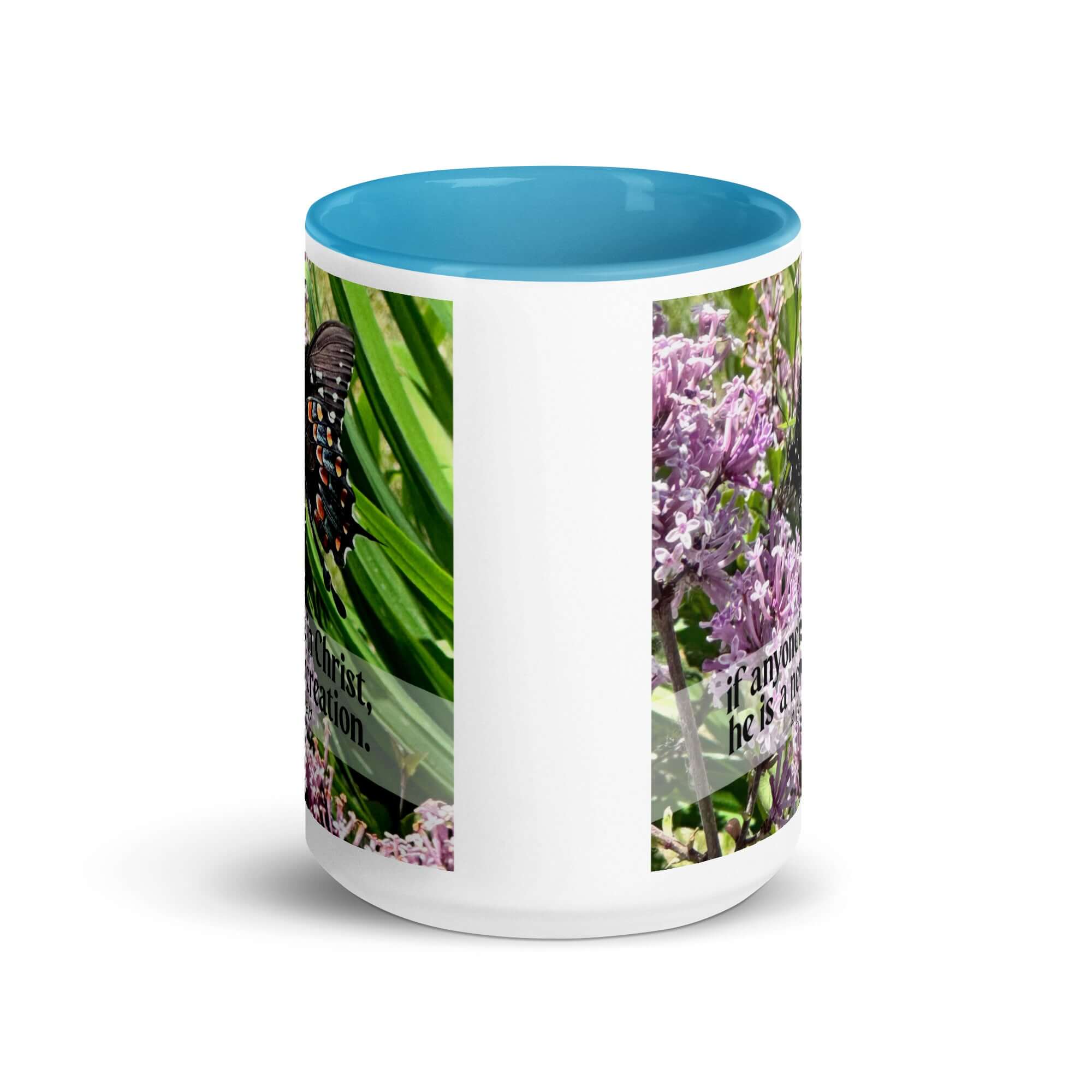 2 Corinthians 5:17 Bible Verse, Butterfly White Ceramic Mug with Color Inside