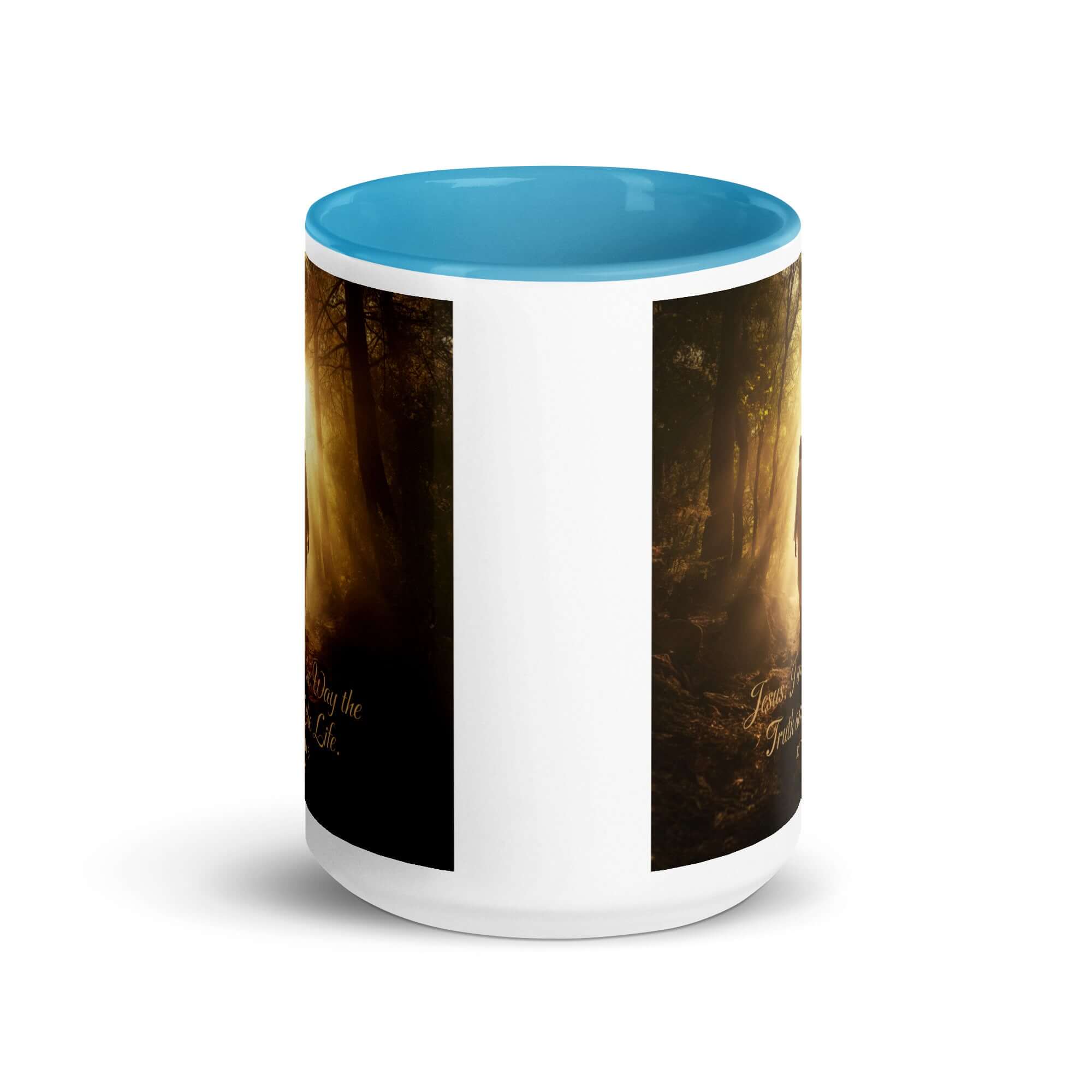 John 14:6 Bible Verse, Forest Image White Ceramic Mug with Color Inside