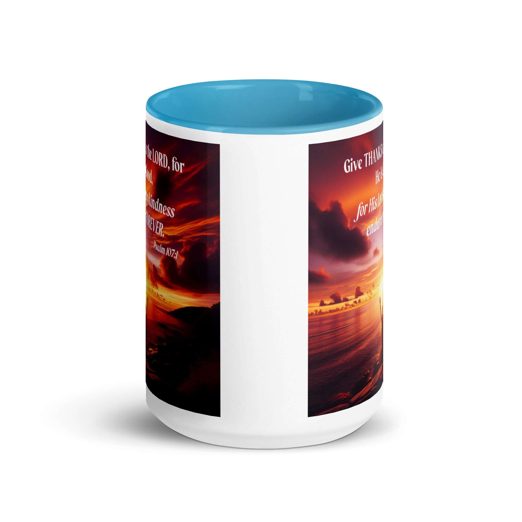 Psalm 107:1 Bible Verse, Give Thanks to the Lord White Ceramic Mug with Color Inside