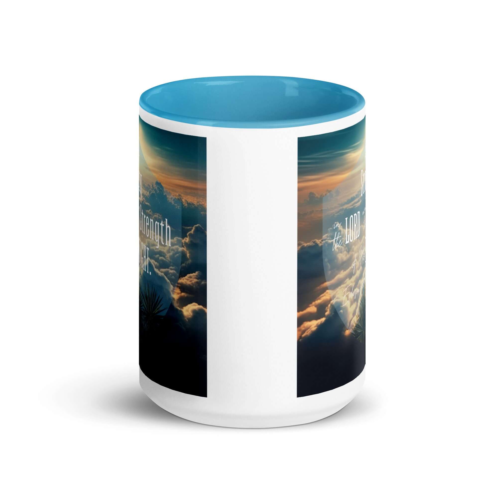 Ephesians 6:10 Bible Verse, be strong in the Lord White Ceramic Mug with Color Inside