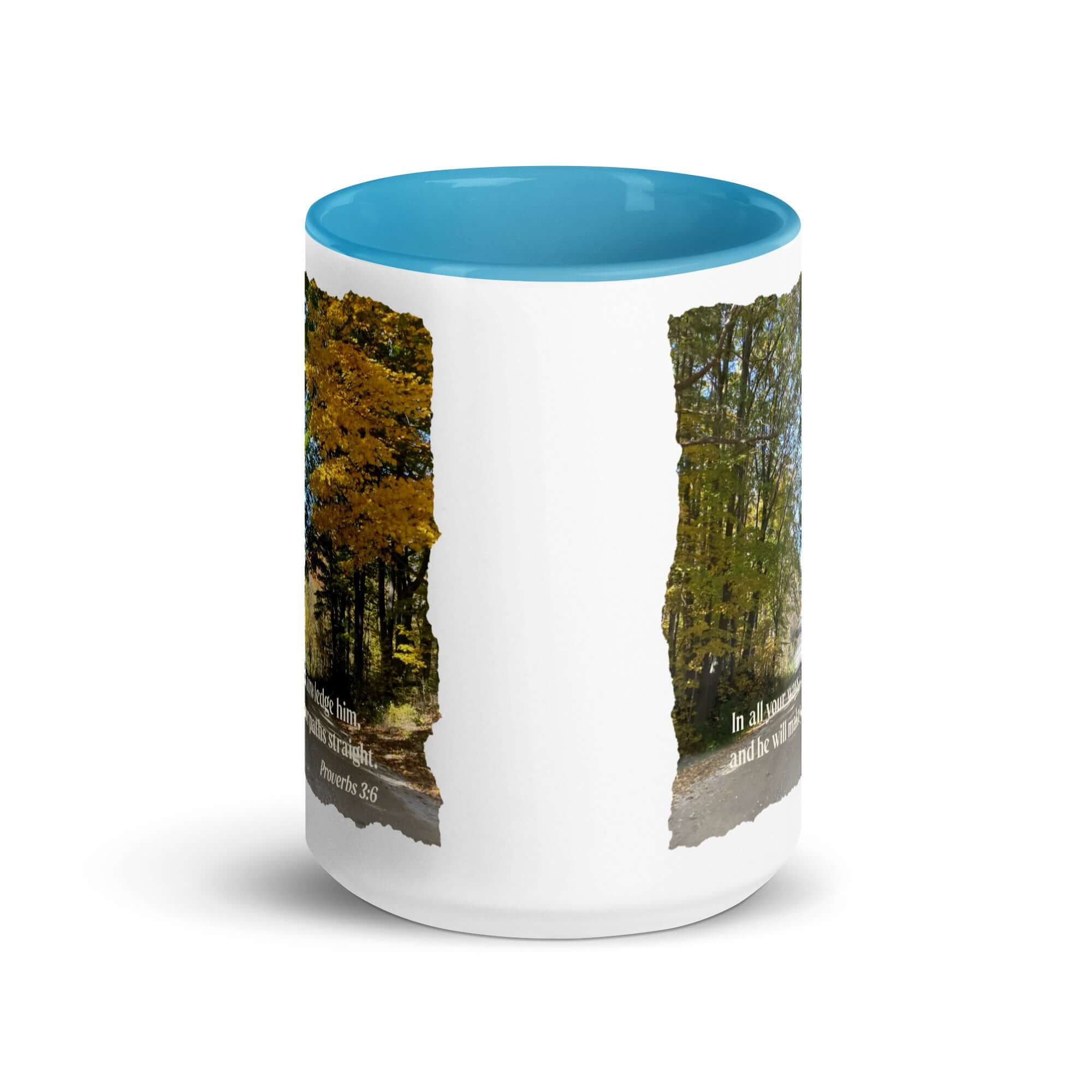 Proverbs 3:6 Bible Verse, Fall Road White Ceramic Mug with Color Inside