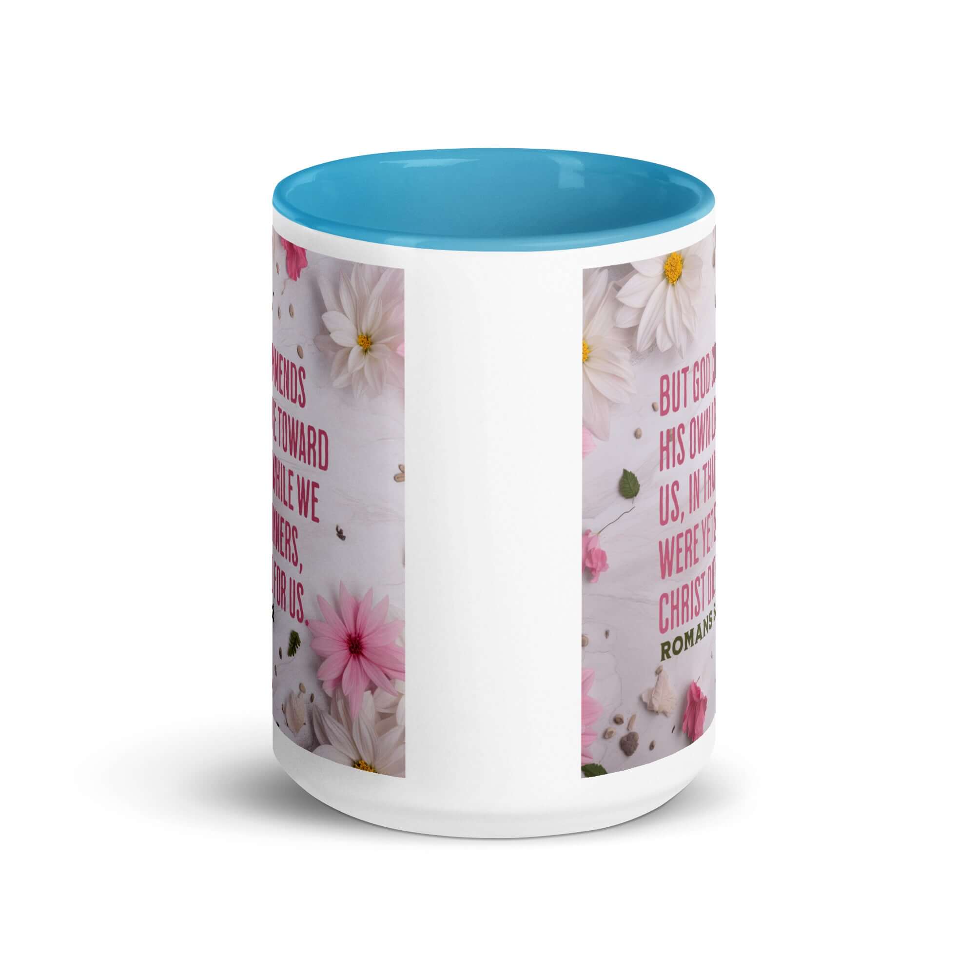 Romans 5:8 Bible Verse, Christ Died for Us White Ceramic Mug with Color Inside