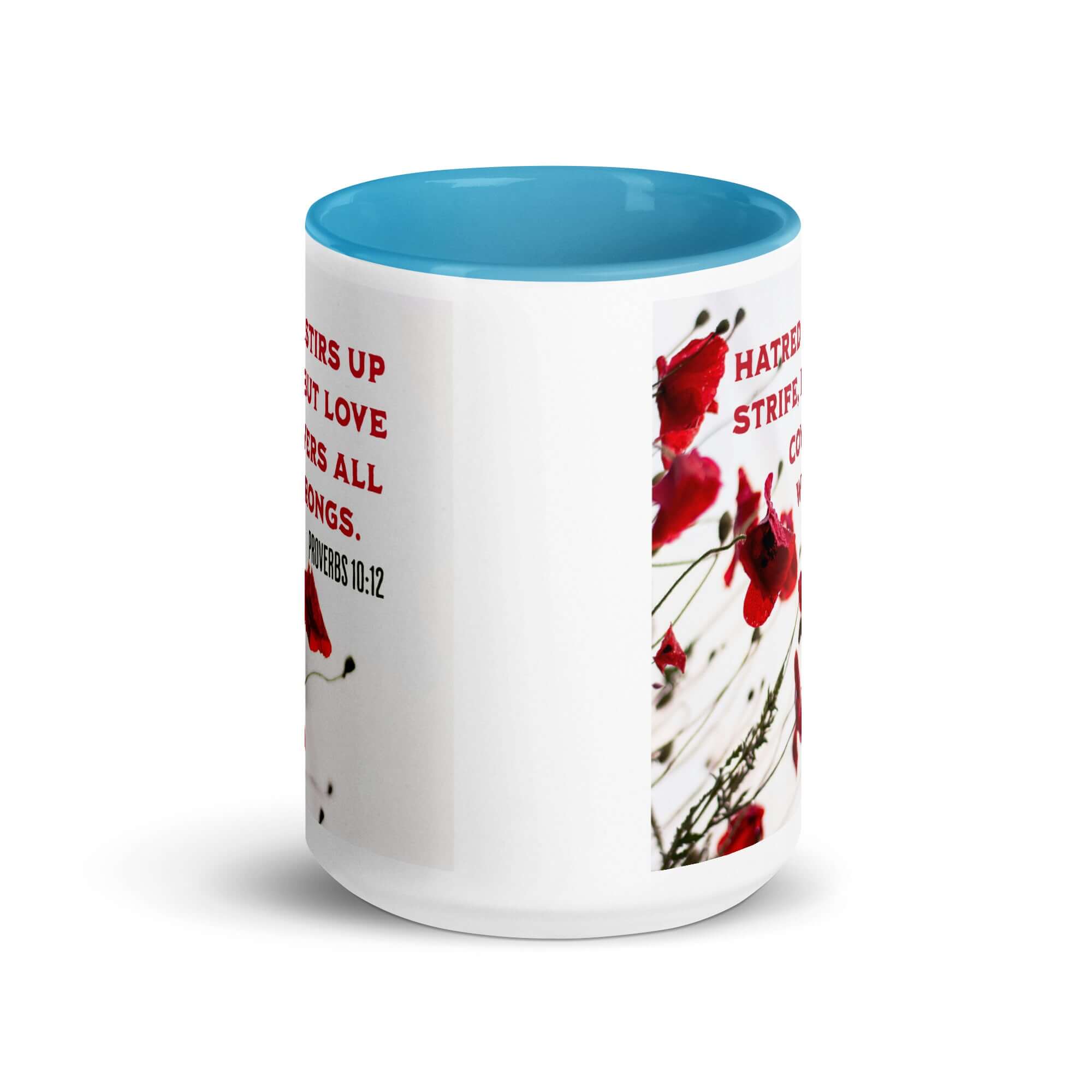 Proverbs 10:12 Bible Verse, Love Covers All White Ceramic Mug with Color Inside