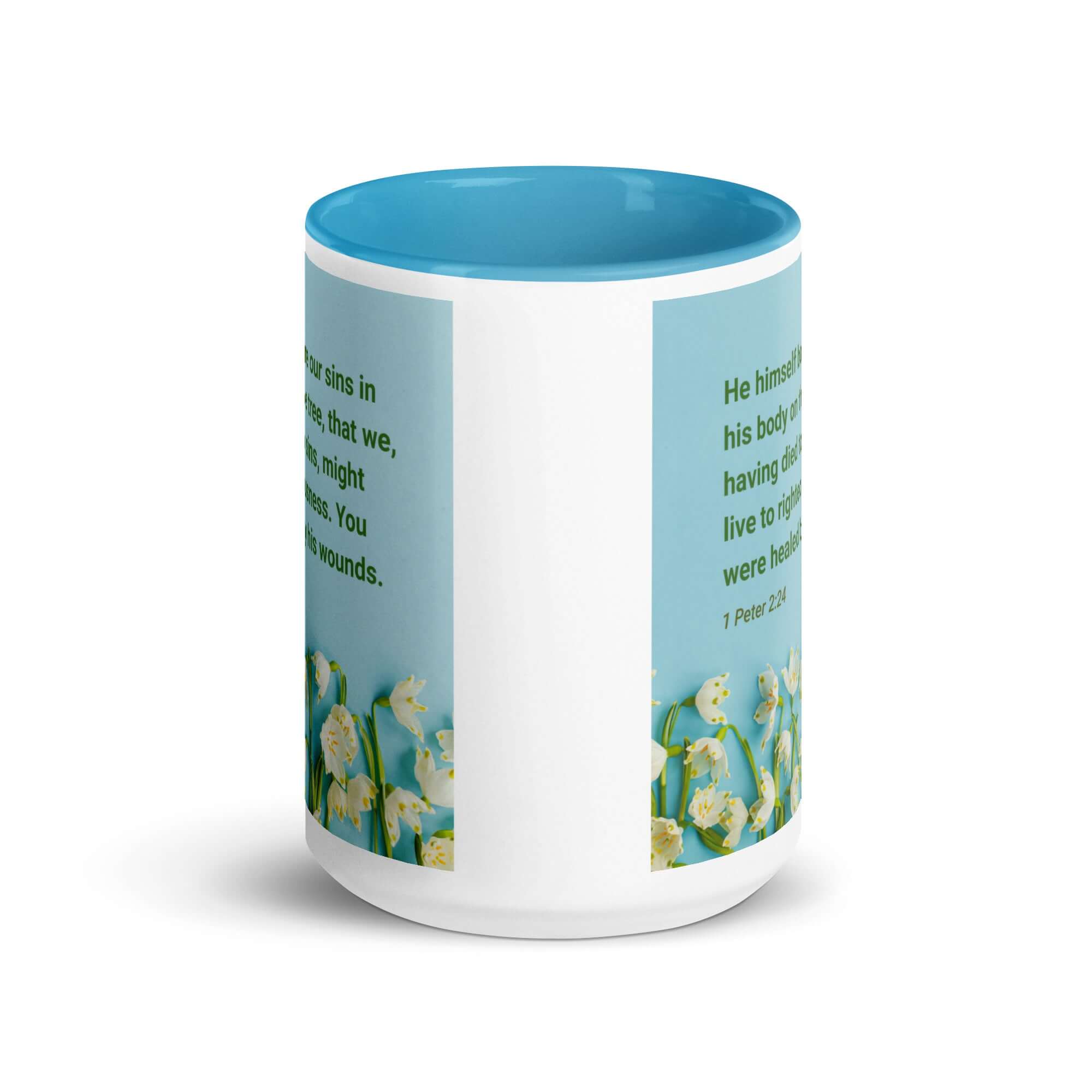 1 Peter 2:24 Bible Verse, healed by His wounds White Ceramic Mug with Color Inside