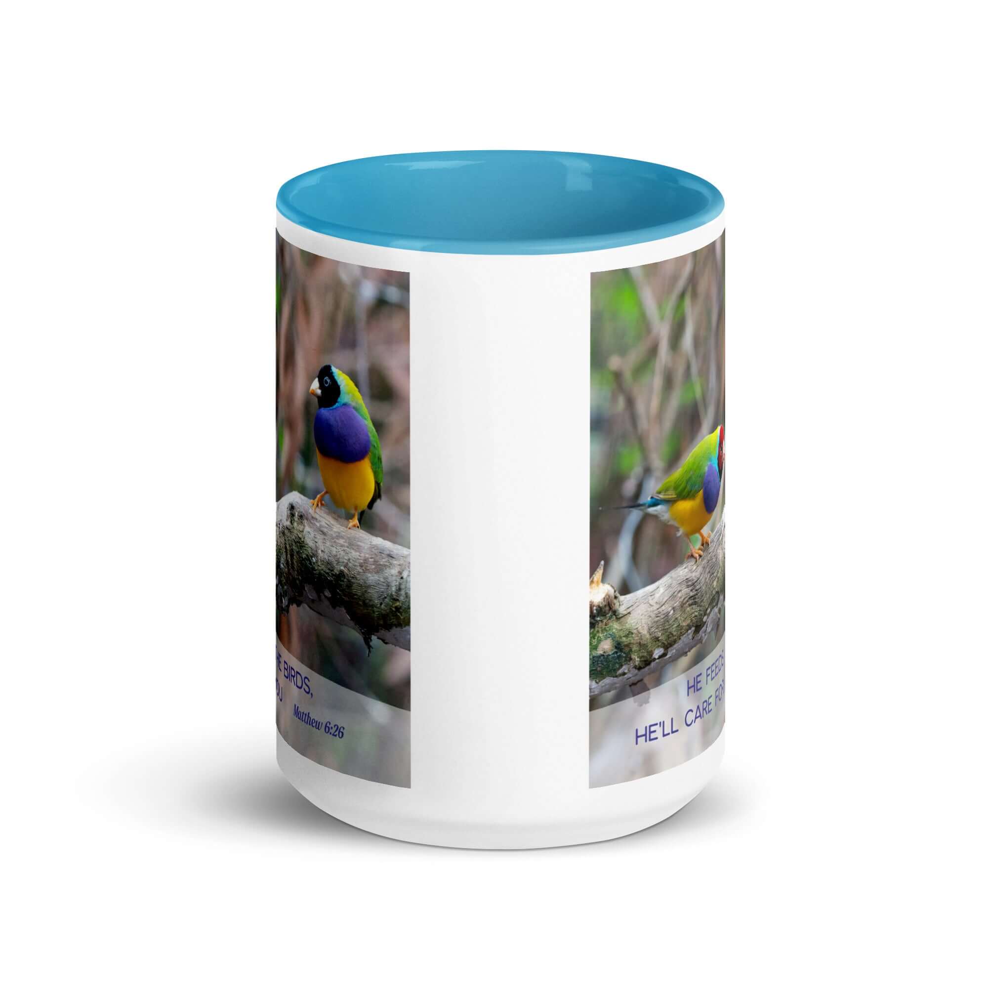 Matthew 6:26 Gouldian Finches, He'll Care for You White Ceramic Mug with Color Inside