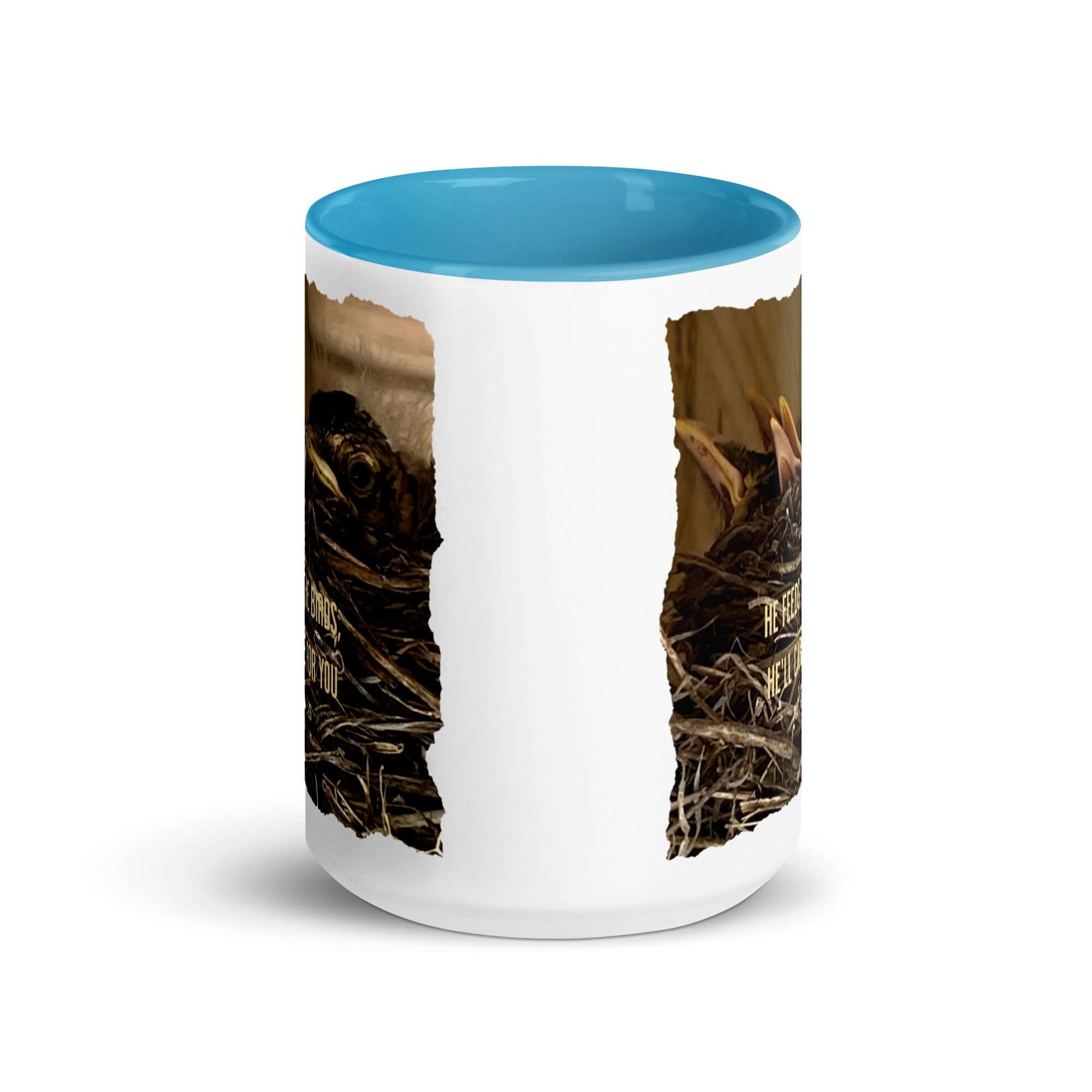 Matthew 6:26 Baby Robins, He'll Care for You White Ceramic Mug with Color Inside
