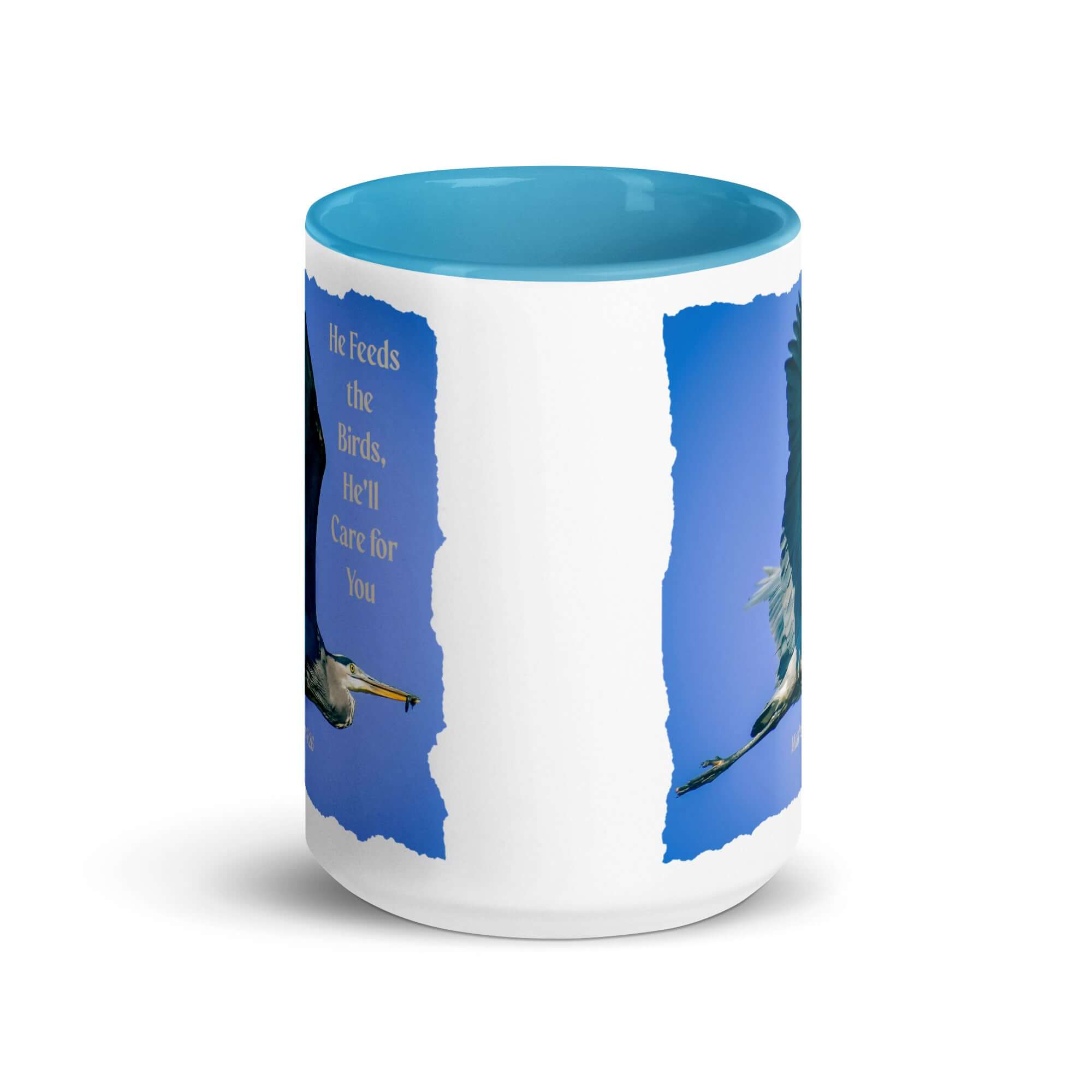 Matthew 6:26 Graceful Heron, He'll Care for You White Ceramic Mug with Color Inside