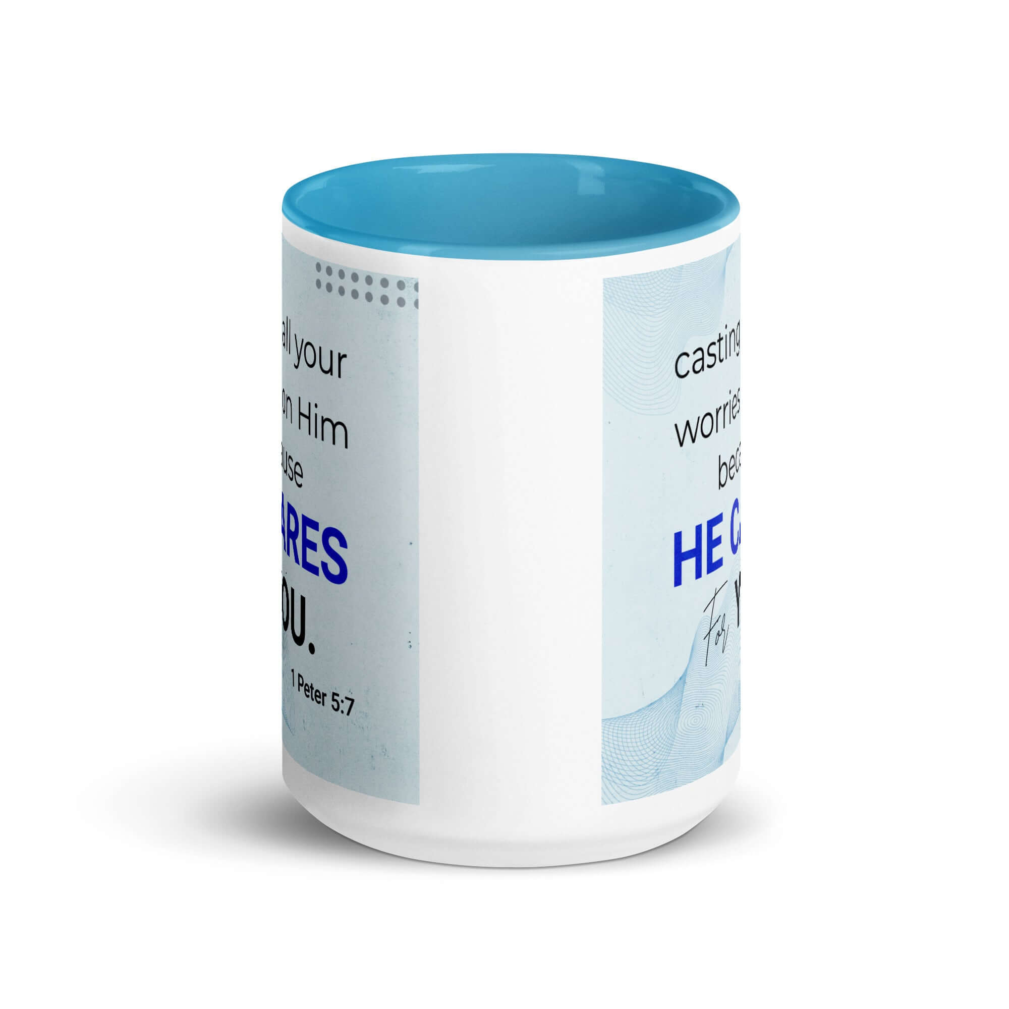 1 Peter 5:7 Bible Verse, casting all your worries on Him White Ceramic Mug with Color Inside