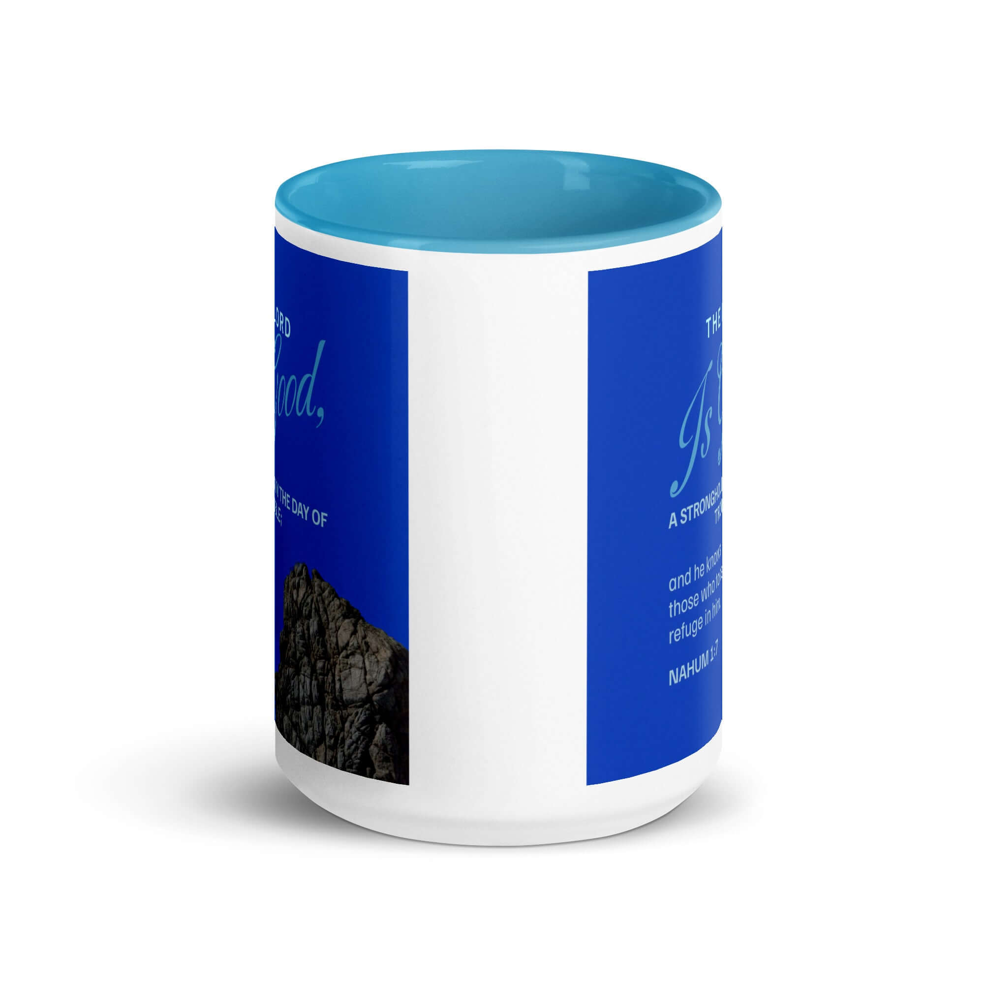 Nahum 1:7 Bible Verse, The LORD is a stronghold White Ceramic Mug with Color Inside