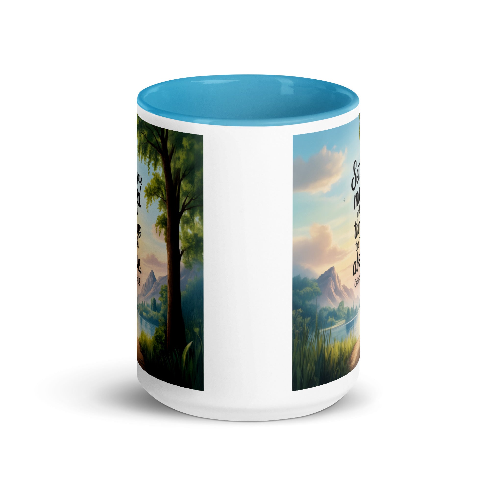 Colossians 3:2 Bible Verse Set White Ceramic Mug with Color Inside