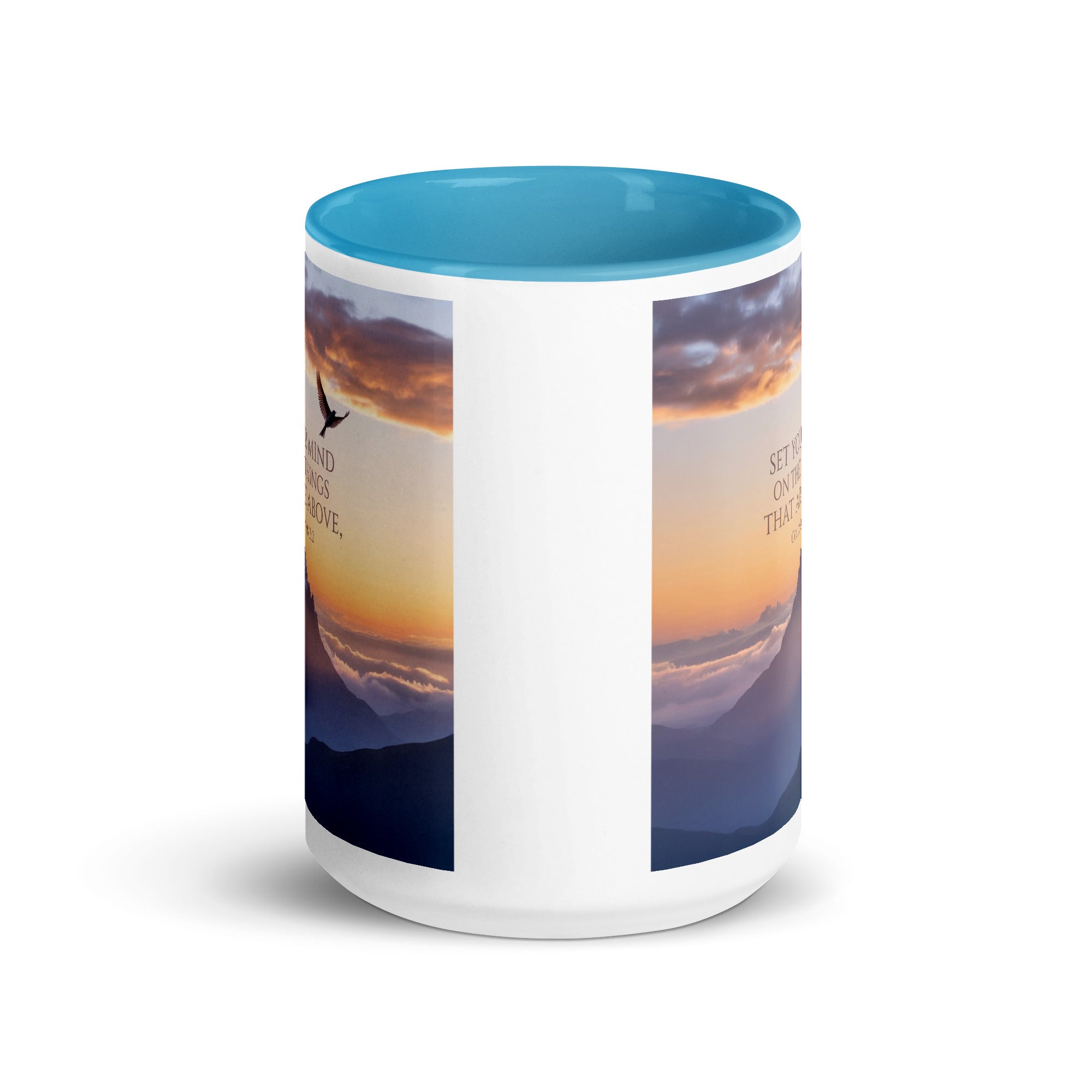 Colossians 3:2 Bible Verse are above White Ceramic Mug with Color Inside