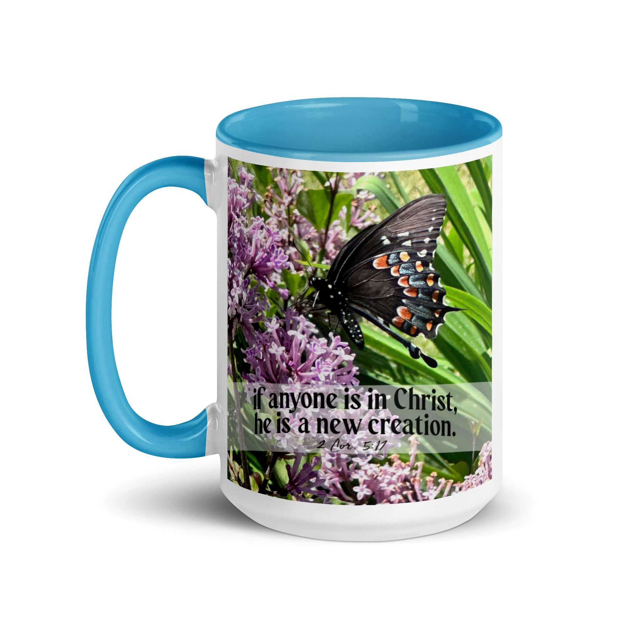 2 Corinthians 5:17 Bible Verse, Butterfly White Ceramic Mug with Color Inside