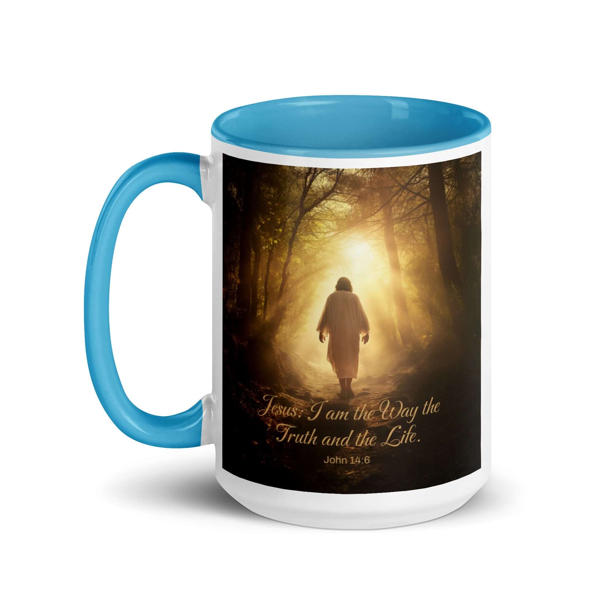 John 14:6 Bible Verse, Forest Image White Ceramic Mug with Color Inside
