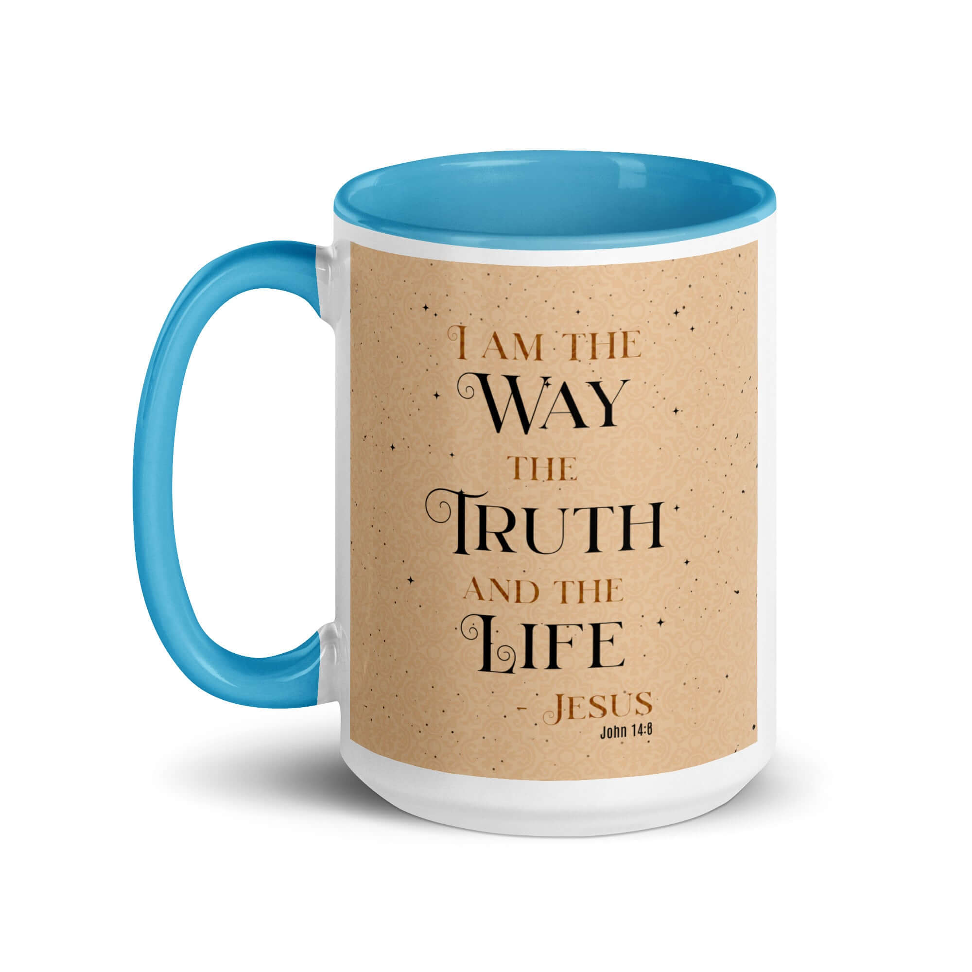 John 14:6 Bible Verse, Color Text Brown Background White Ceramic Mug with Color Inside