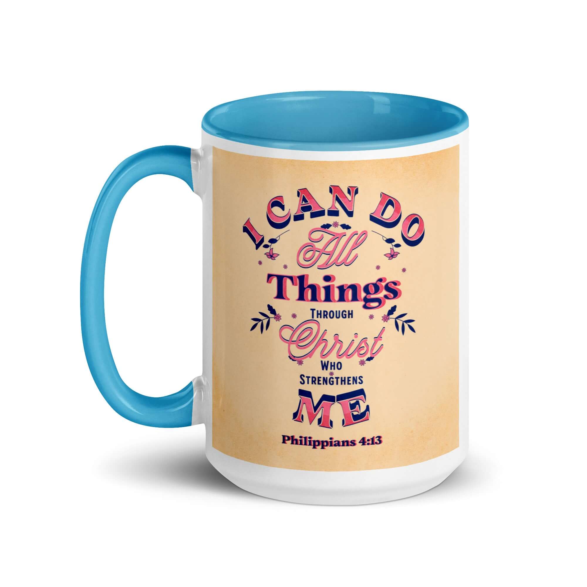 Philippians 4:13 Bible Verse, Christ Strengthens Me White Ceramic Mug with Color Inside