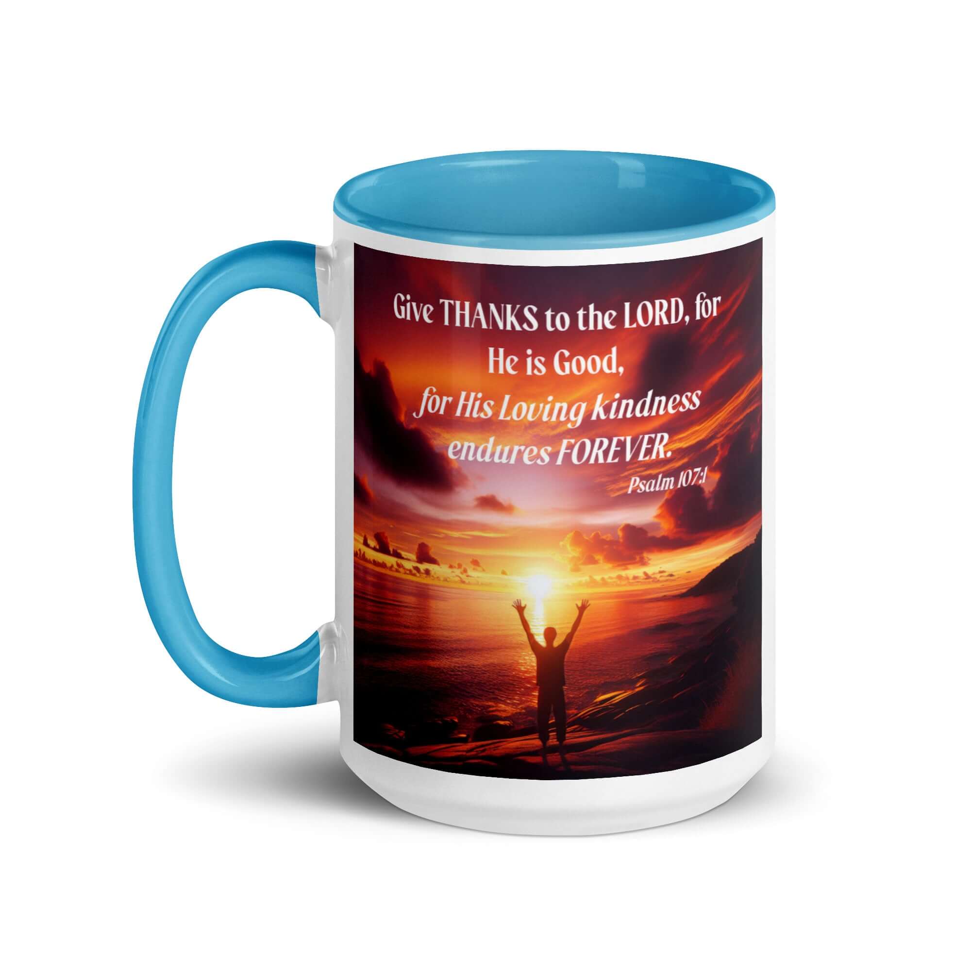 Psalm 107:1 Bible Verse, Give Thanks to the Lord White Ceramic Mug with Color Inside