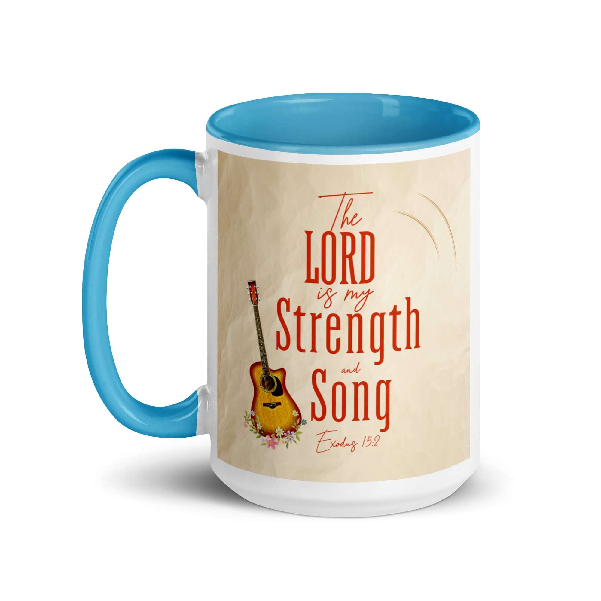 Exodus 15:2 Bible Verse, The LORD is my strength White Ceramic Mug with Color Inside