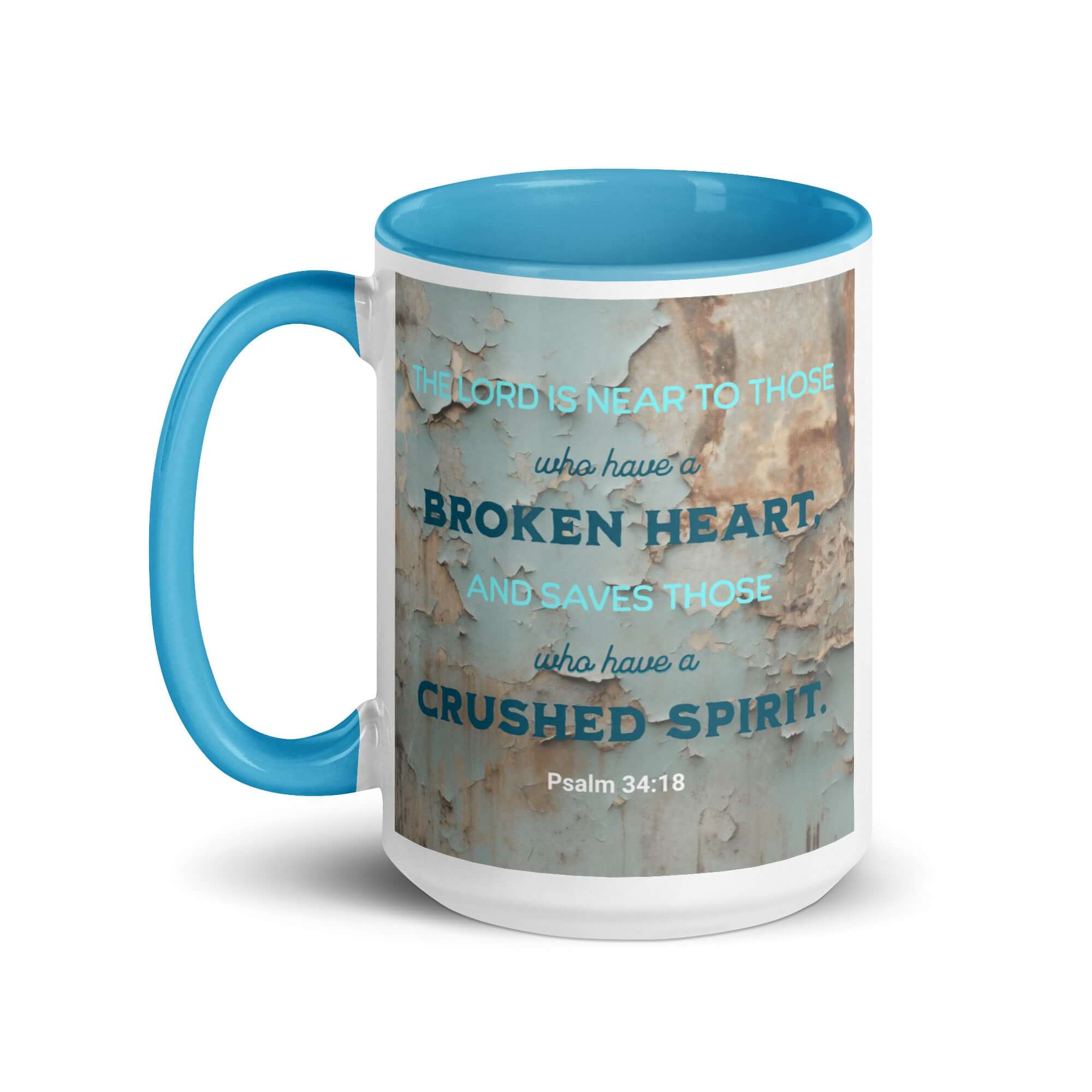 Psalm 34:18 Bible Verse, The LORD is Near White Ceramic Mug with Color Inside