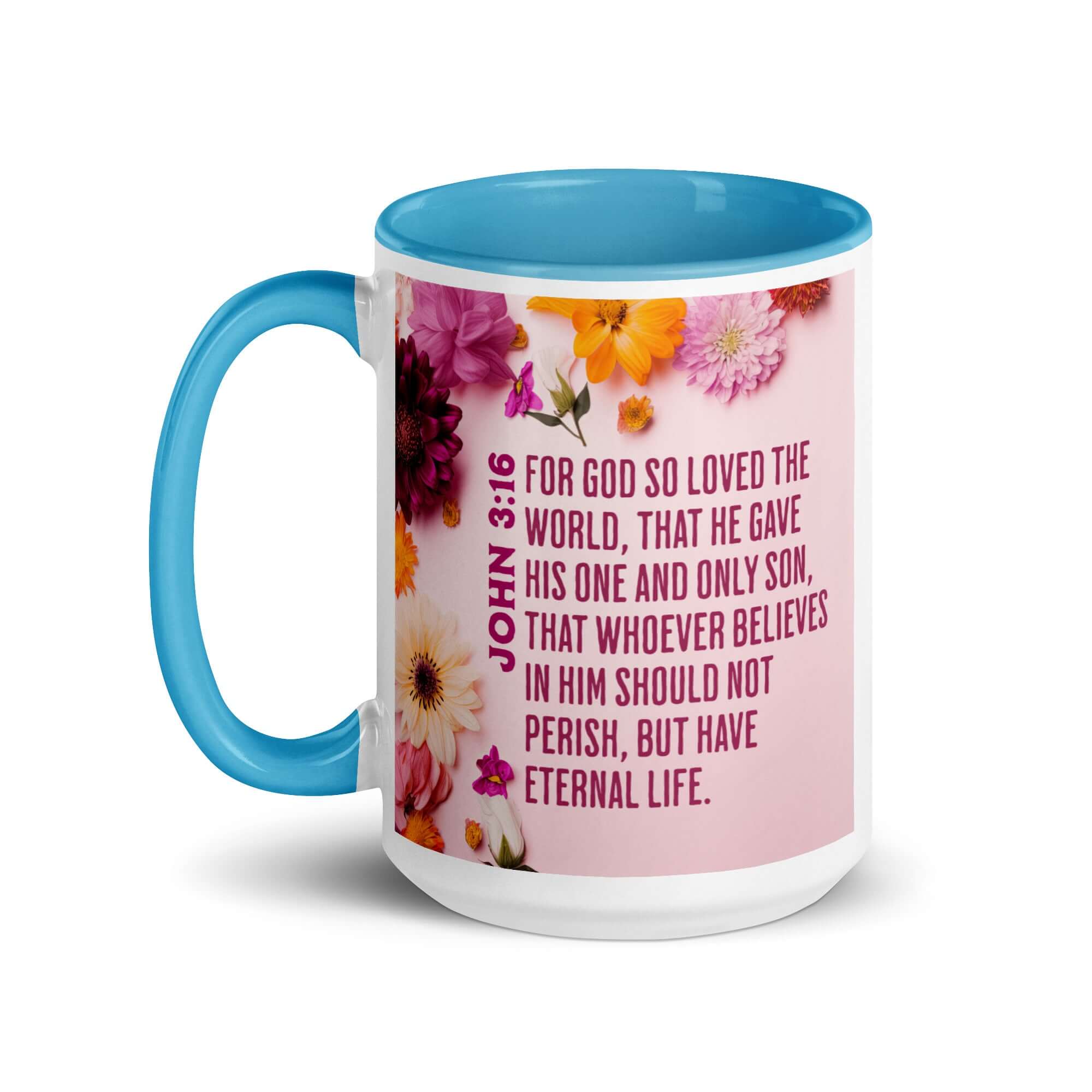 John 3:16 Bible Verse, For God So Loved White Ceramic Mug with Color Inside