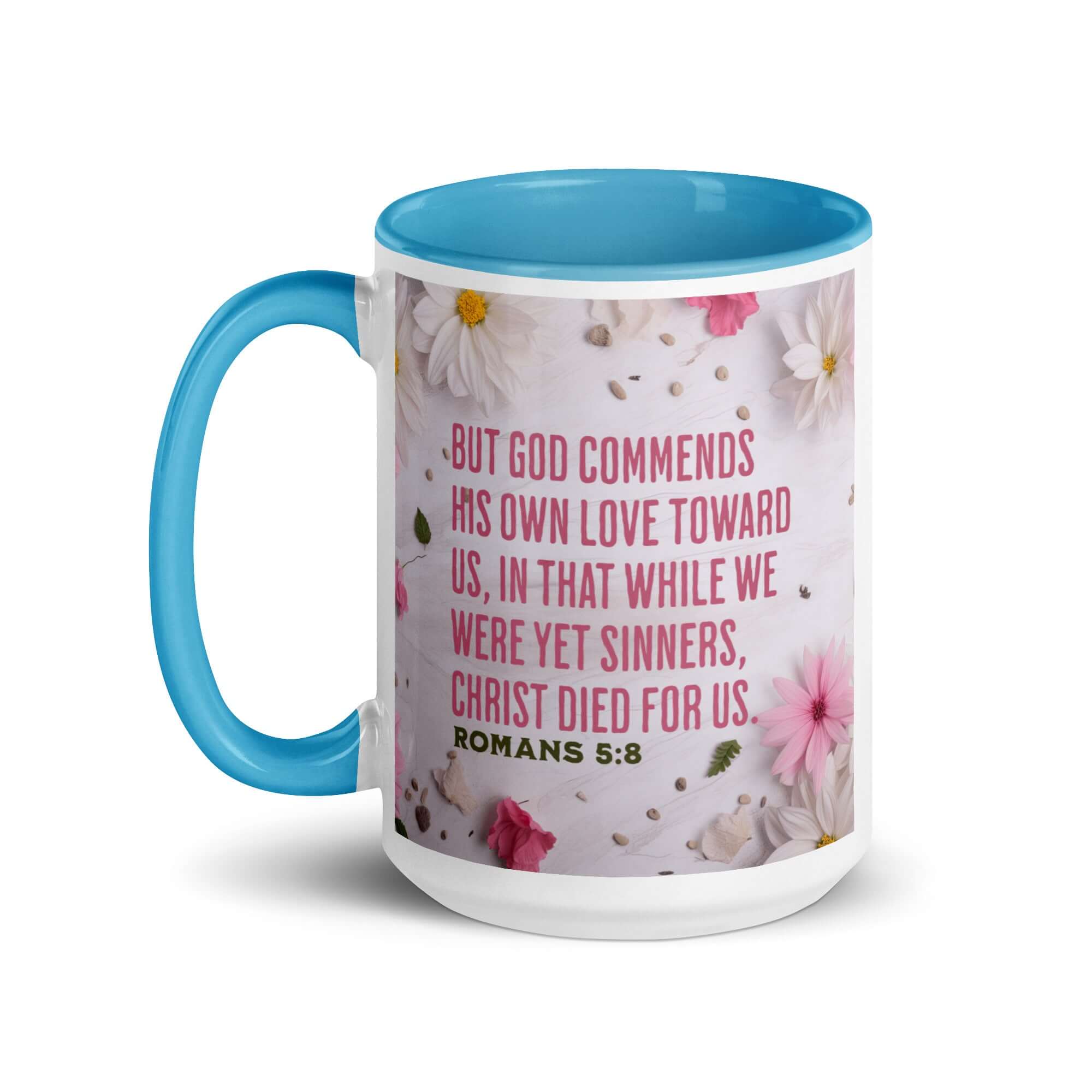 Romans 5:8 Bible Verse, Christ Died for Us White Ceramic Mug with Color Inside