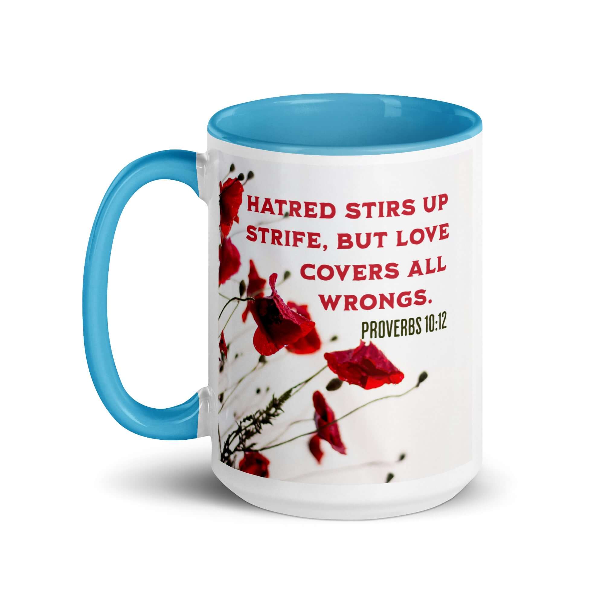 Proverbs 10:12 Bible Verse, Love Covers All White Ceramic Mug with Color Inside
