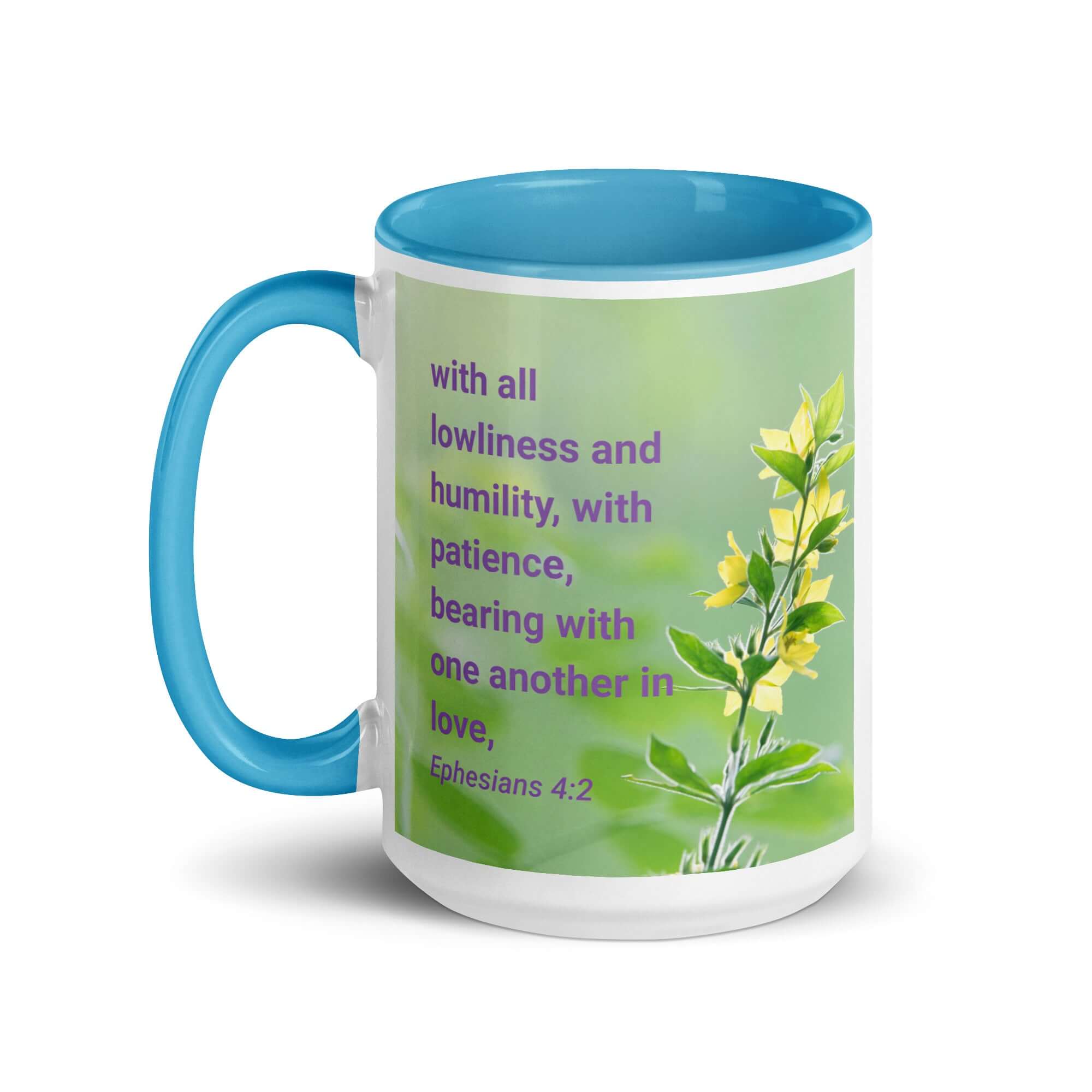Ephesians 4:2 Bible Verse, one another in love White Ceramic Mug with Color Inside