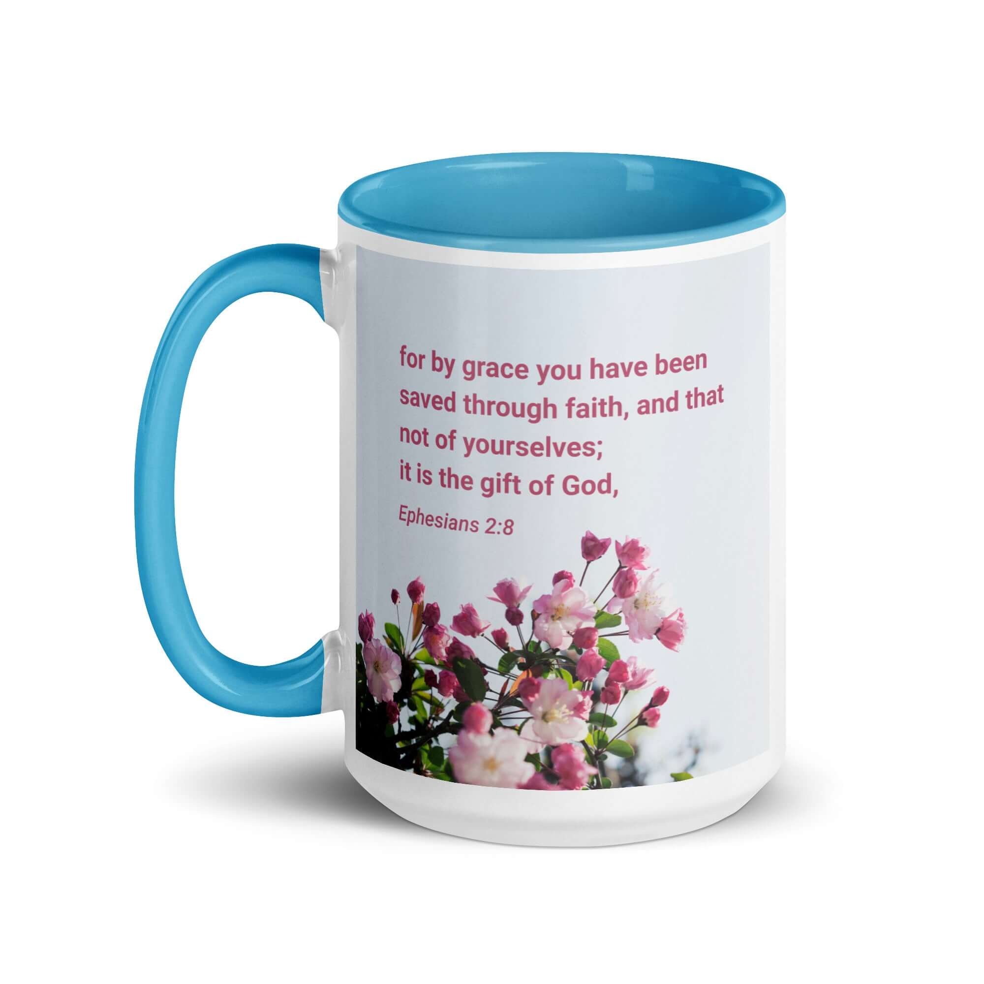 Ephesians 2:8 Bible Verse, saved through faith White Ceramic Mug with Color Inside