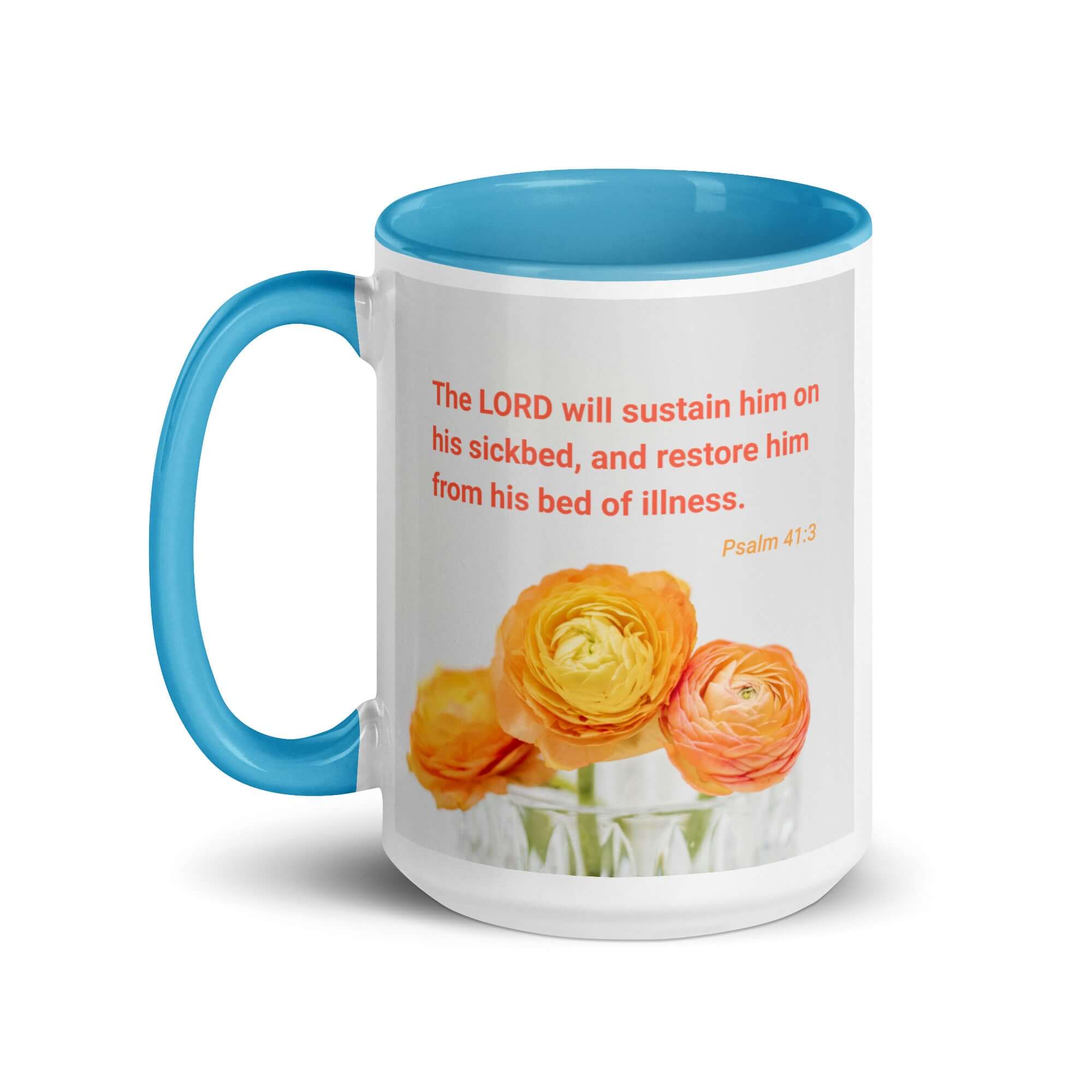 Psalm 41:3 Bible Verse, LORD will sustain White Ceramic Mug with Color Inside