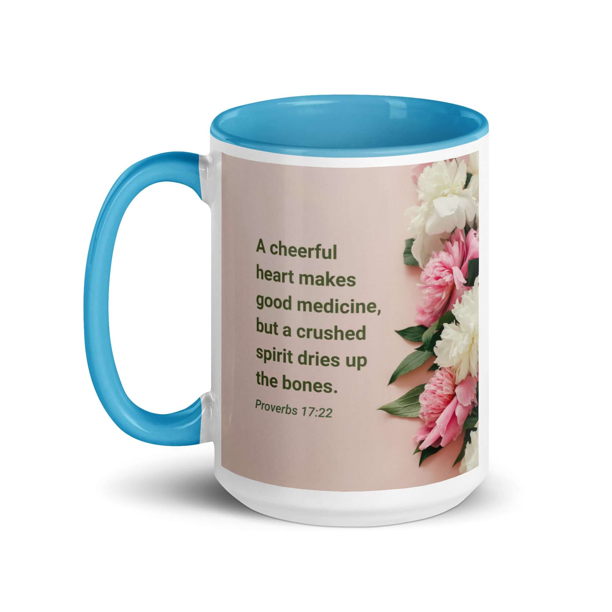 Proverbs 17:22 Bible Verse, good medicine White Ceramic Mug with Color Inside