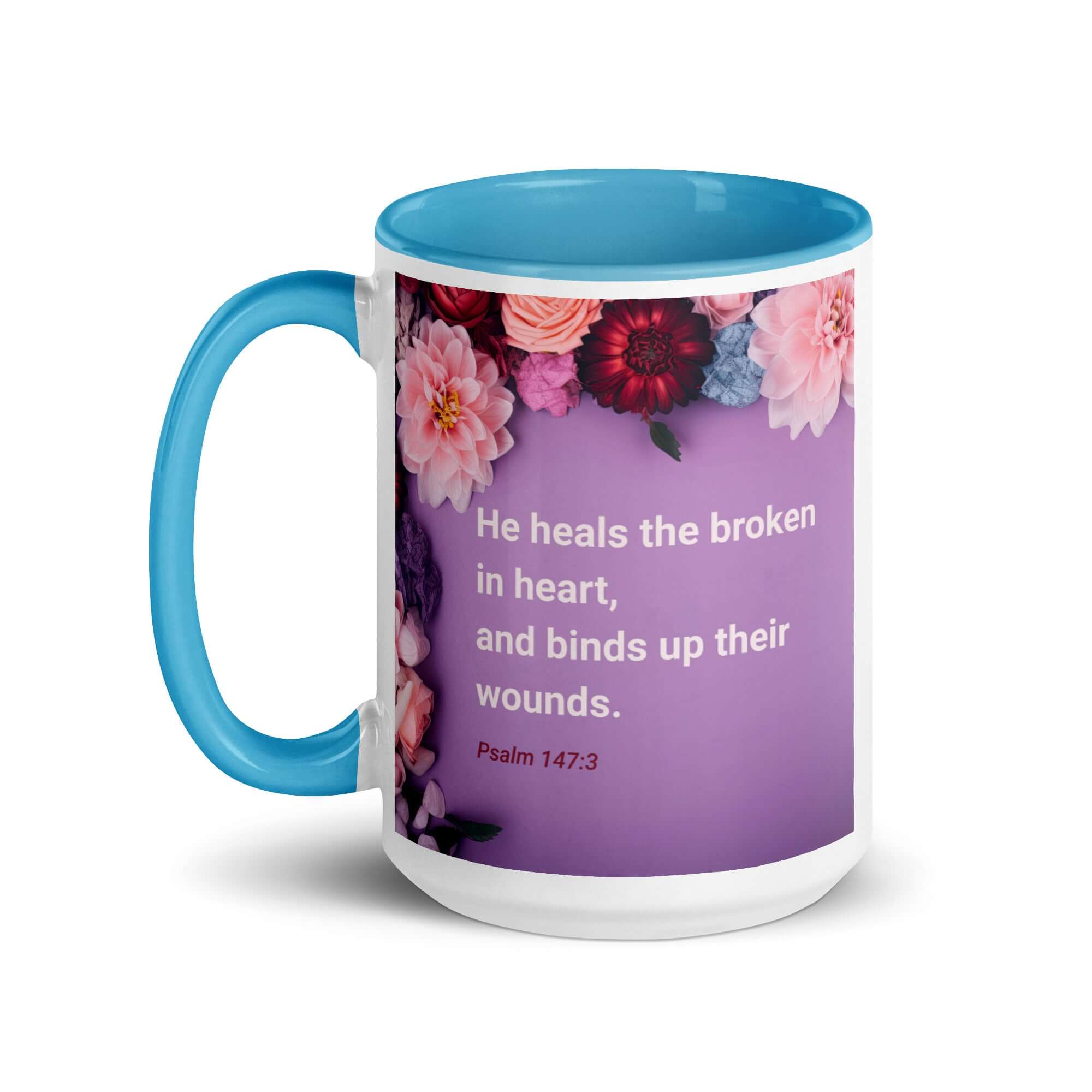 Psalm 147:3 Bible Verse, He heals the broken White Ceramic Mug with Color Inside