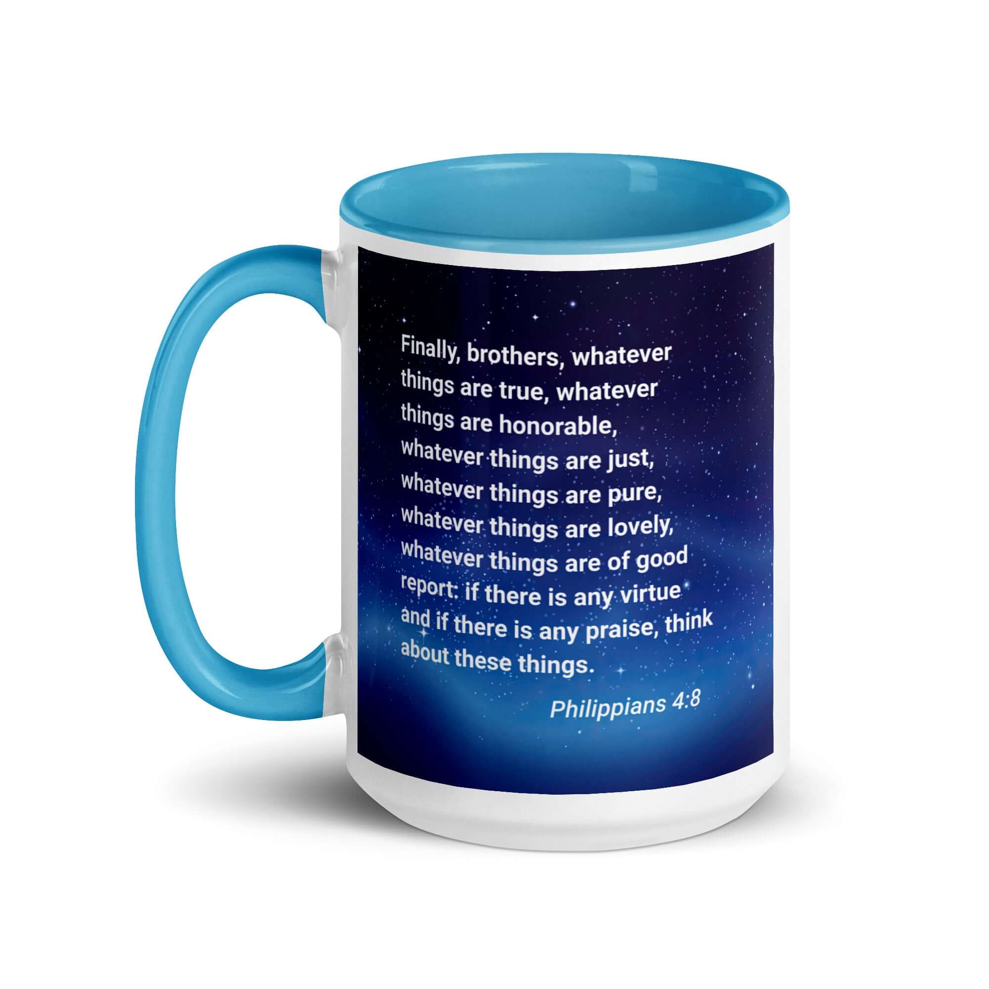 Philippians 4:8 Bible Verse, Think these things White Ceramic Mug with Color Inside