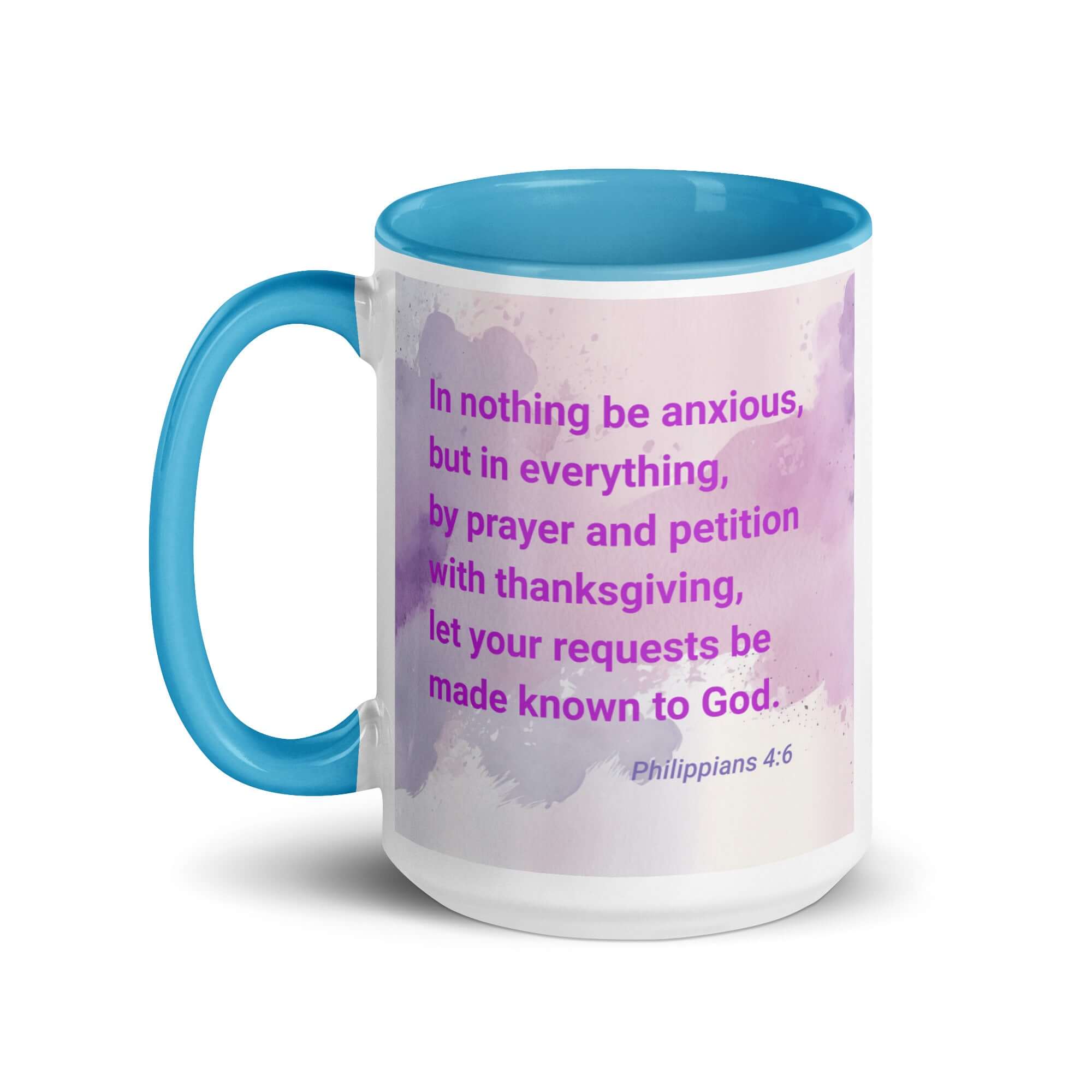Philippians 4:6 Bible Verse, Prayer and Petition White Ceramic Mug with Color Inside