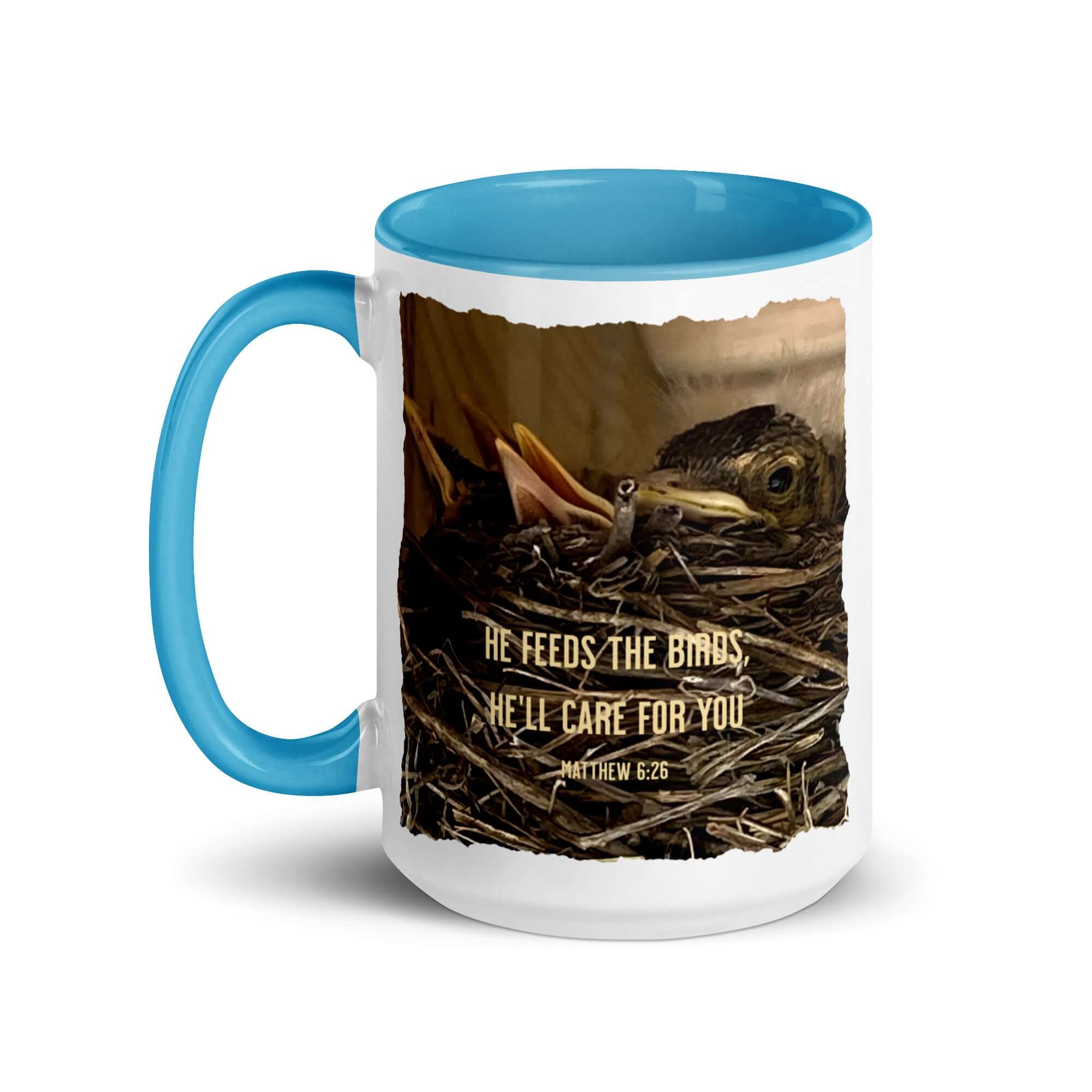 Matthew 6:26 Baby Robins, He'll Care for You White Ceramic Mug with Color Inside