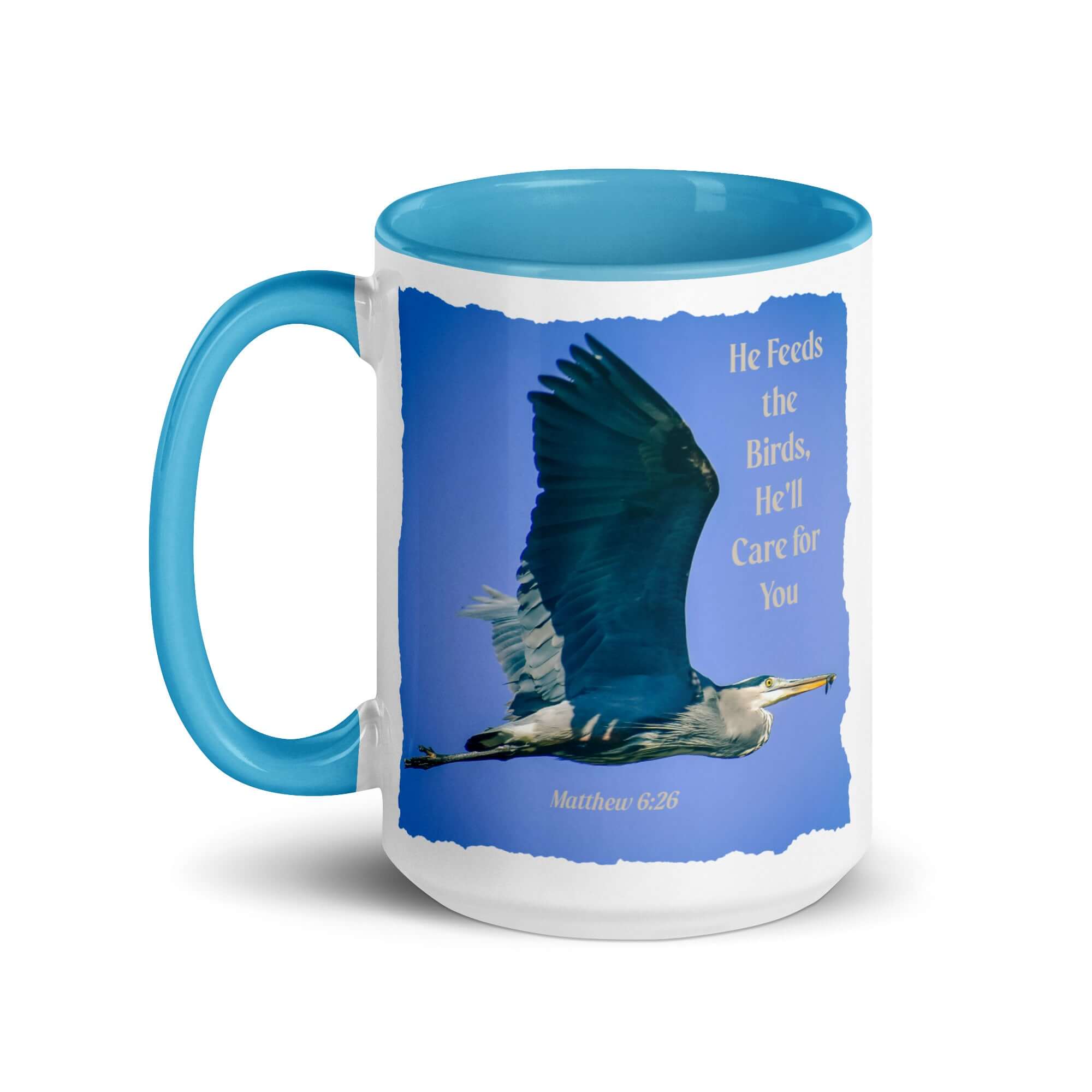 Matthew 6:26 Graceful Heron, He'll Care for You White Ceramic Mug with Color Inside