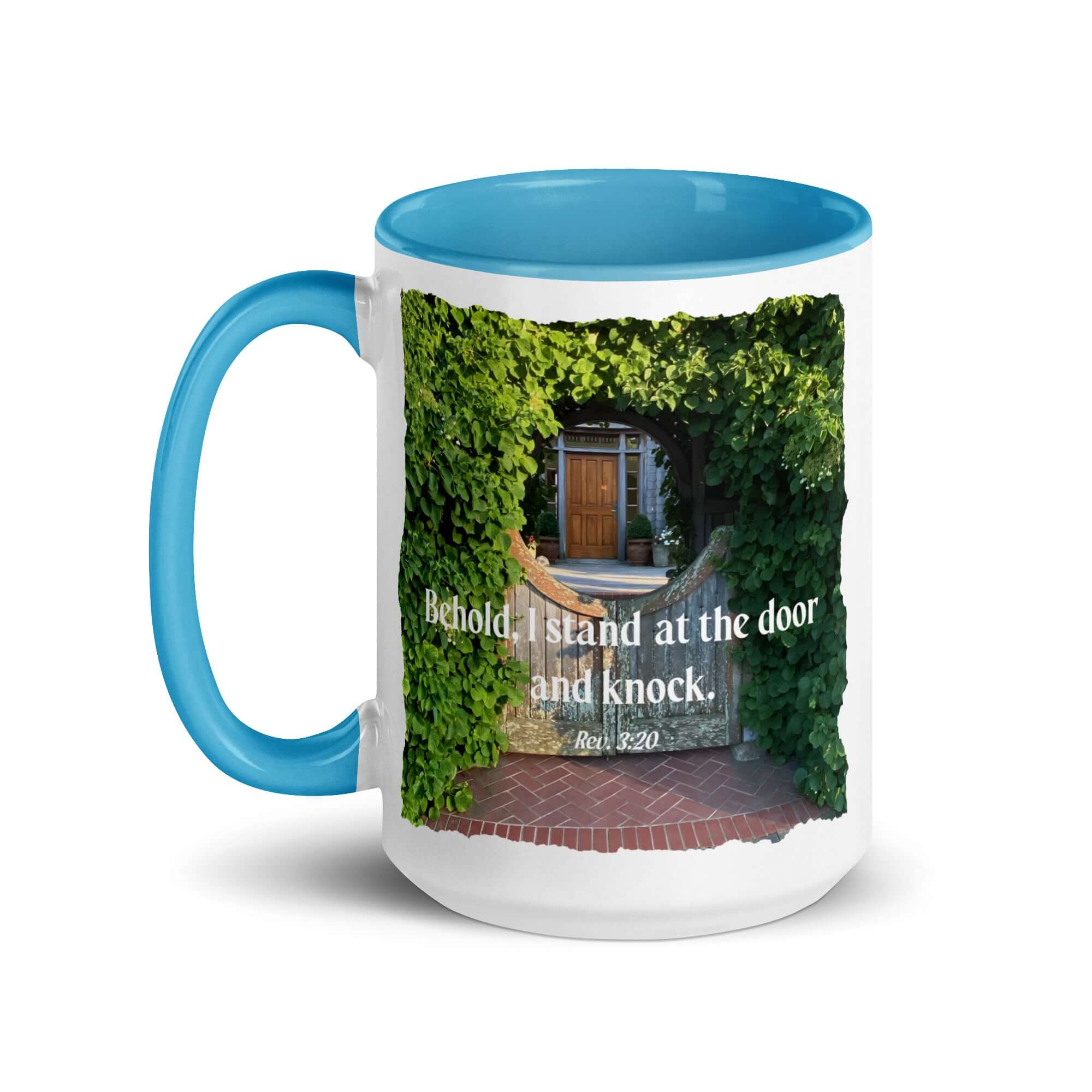 Revelation 3:20 Bible Verse, Garden Doorway White Ceramic Mug with Color Inside
