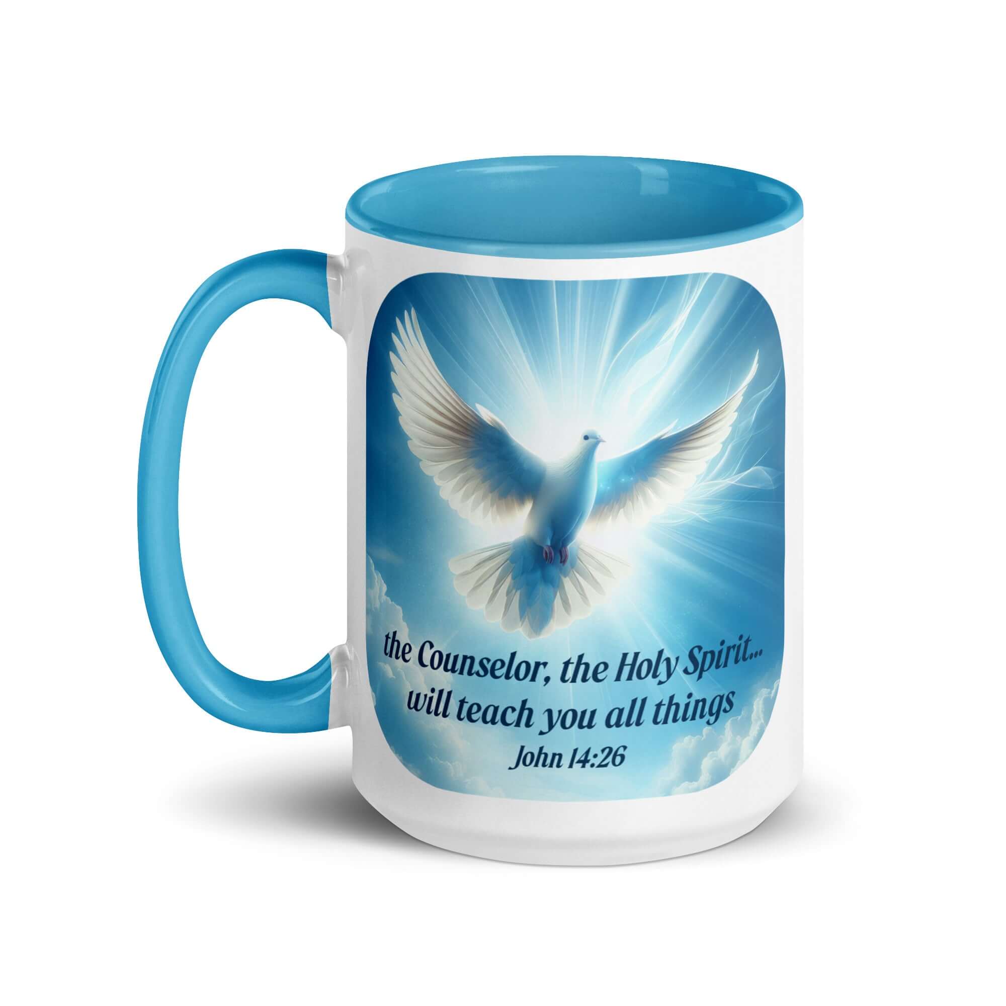 John 14:26 Bible Verse, Holy Spirit Dove White Ceramic Mug with Color Inside