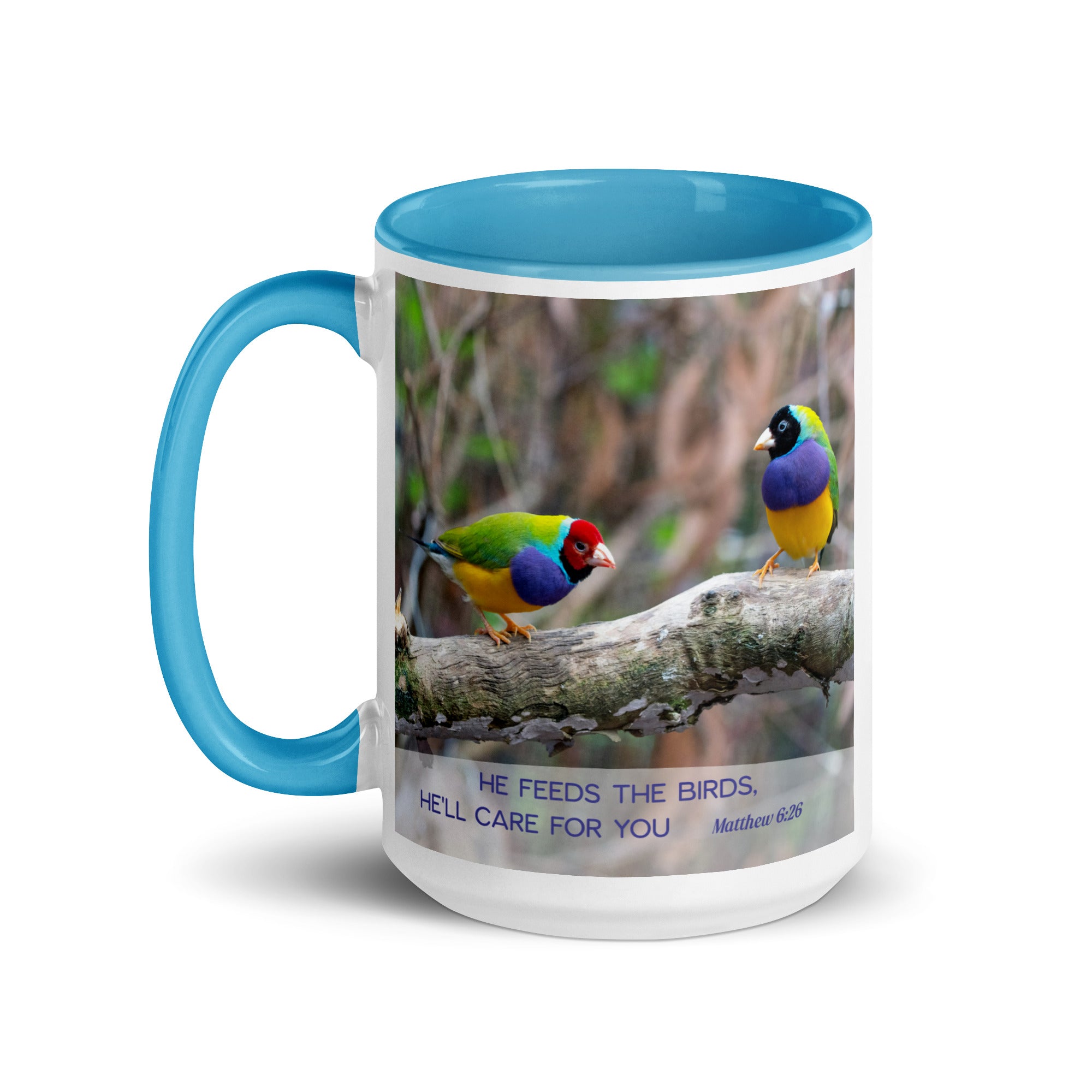 Matthew 6:26 Gouldian Finches, He'll Care for You White Ceramic Mug with Color Inside