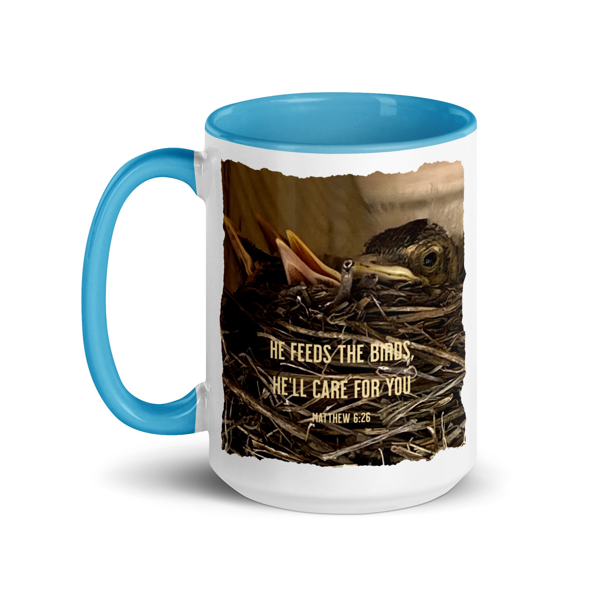 Matthew 6:26 Baby Robins, He'll Care for You White Ceramic Mug with Color Inside