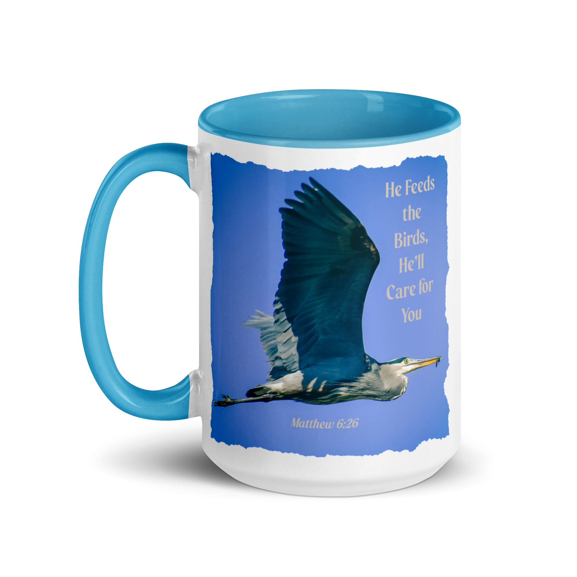 Matthew 6:26 Graceful Heron, He'll Care for You White Ceramic Mug with Color Inside